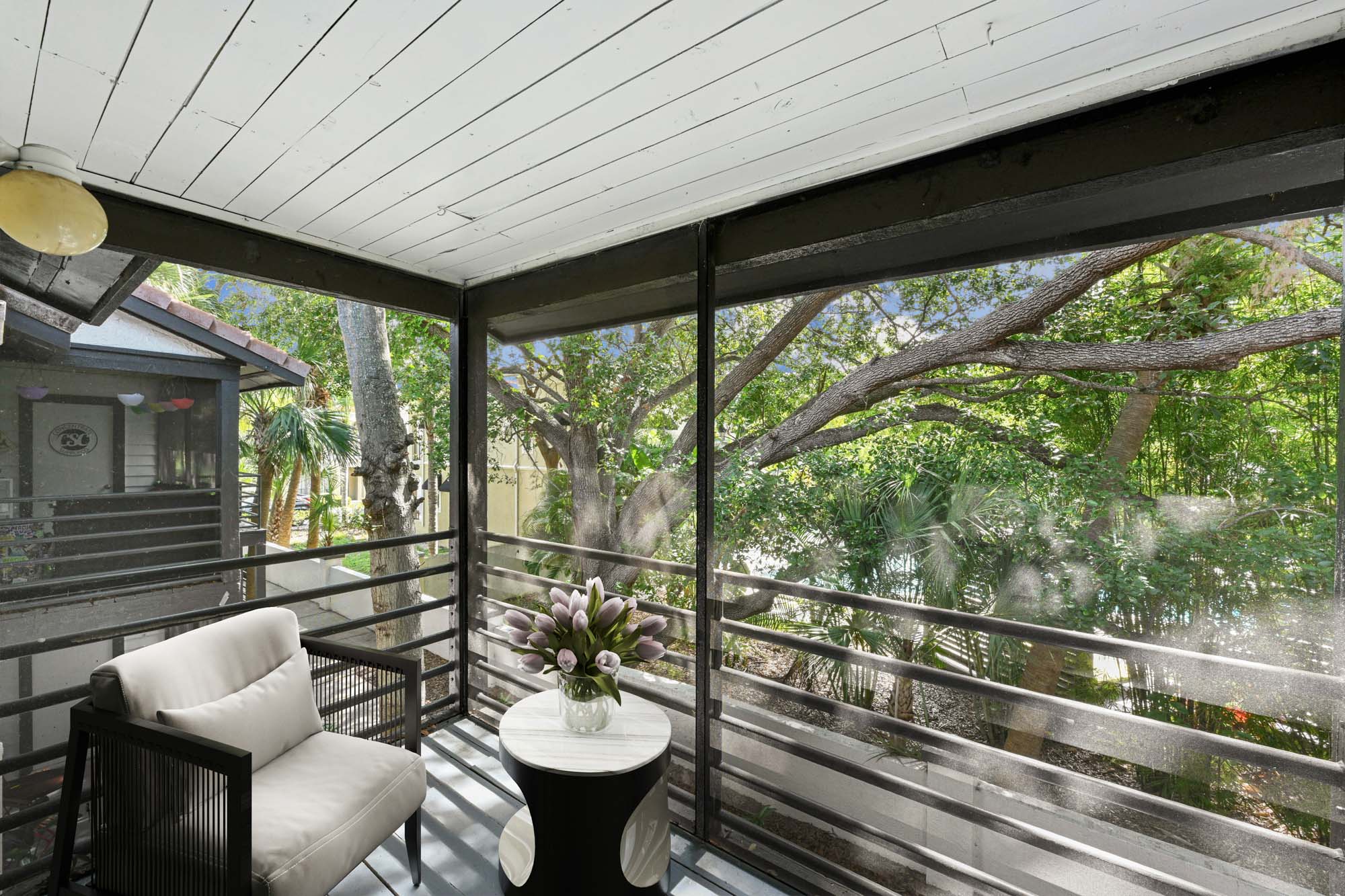 The balcony of an apartment at South Pointe in South Tampa, Florida.