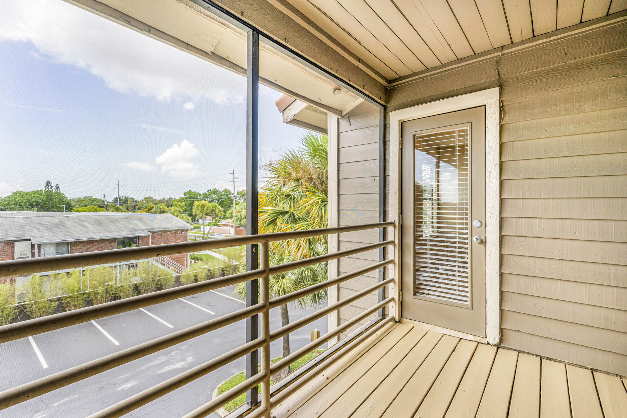 The balcony of an apartment at South Pointe in South Tampa, Florida.