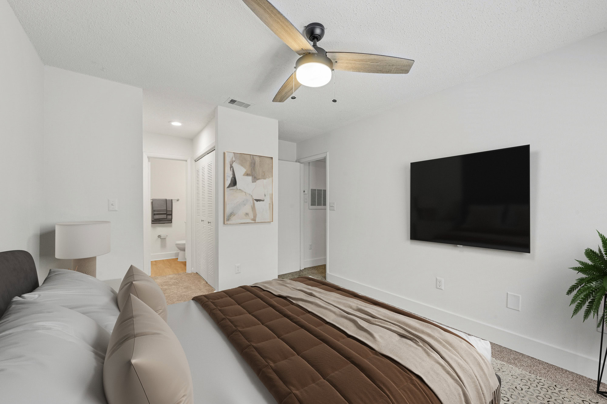 The bedroom of an apartment at South Pointe in South Tampa, Florida.