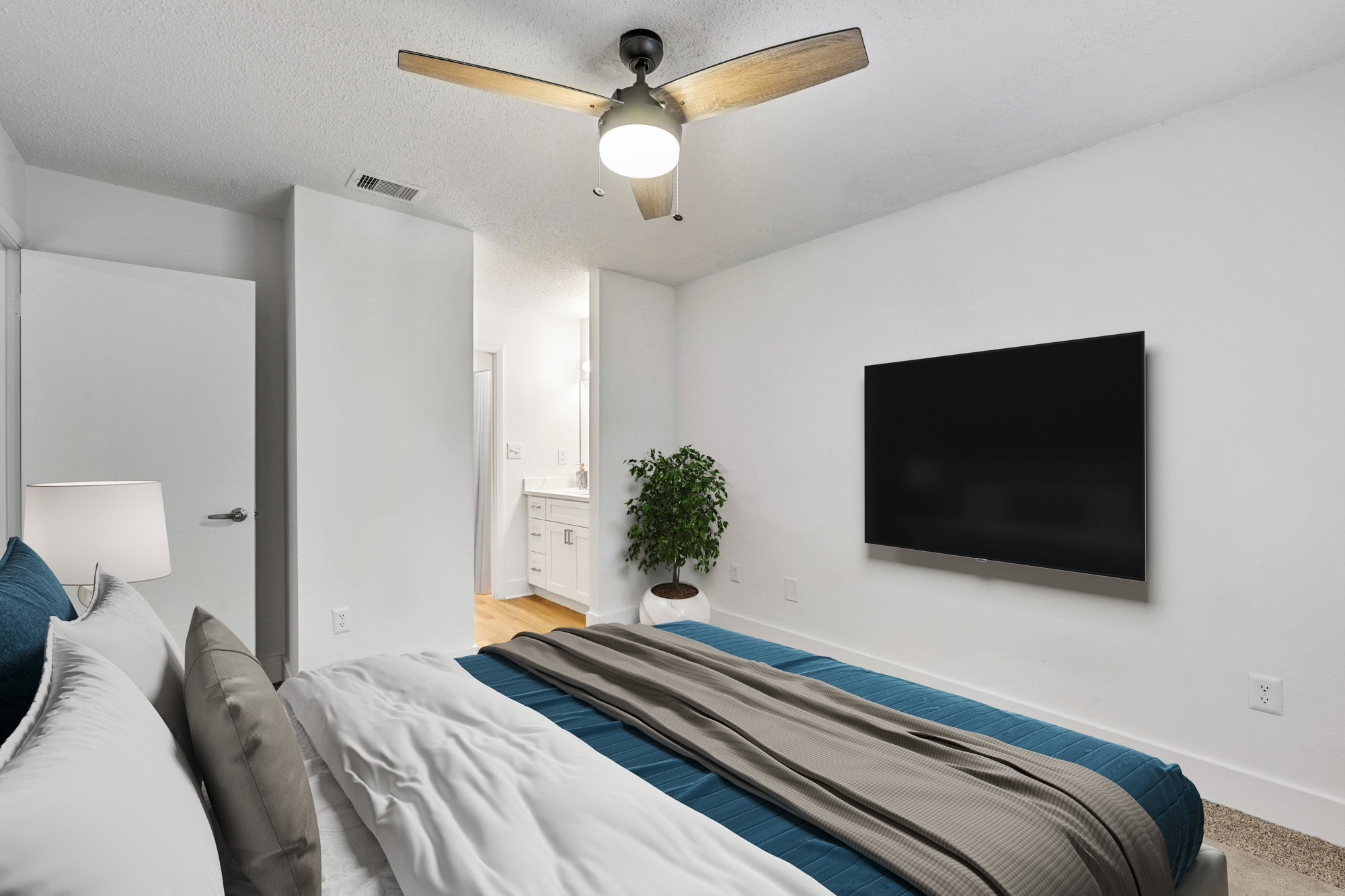 The bedroom of an apartment at South Pointe in South Tampa, Florida.