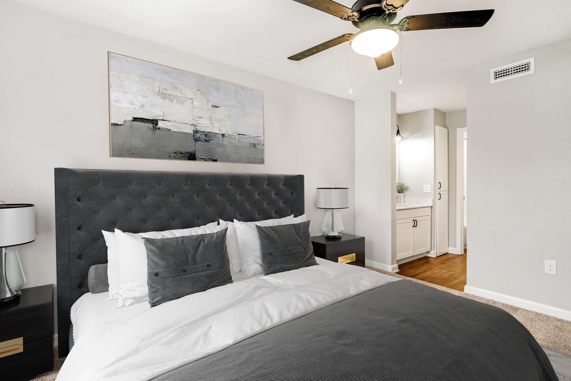 The bedroom in an apartment in St. James Crossing in North Tampa, Florida.