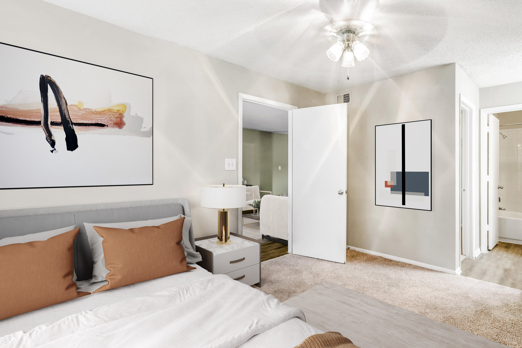 The bedroom in an apartment in St. James Crossing in North Tampa, Florida.
