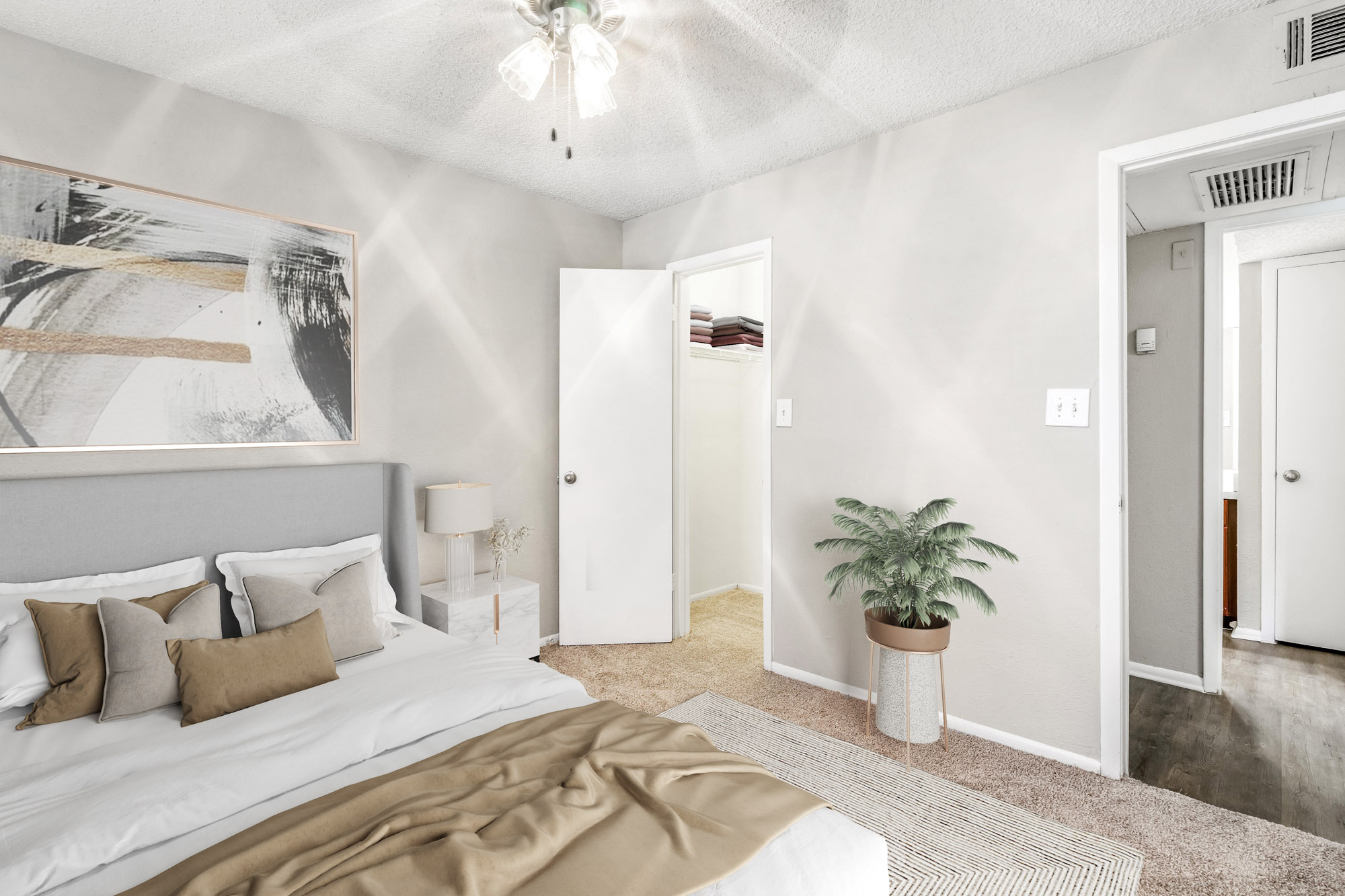 The bedroom in an apartment in St. James Crossing in North Tampa, Florida.