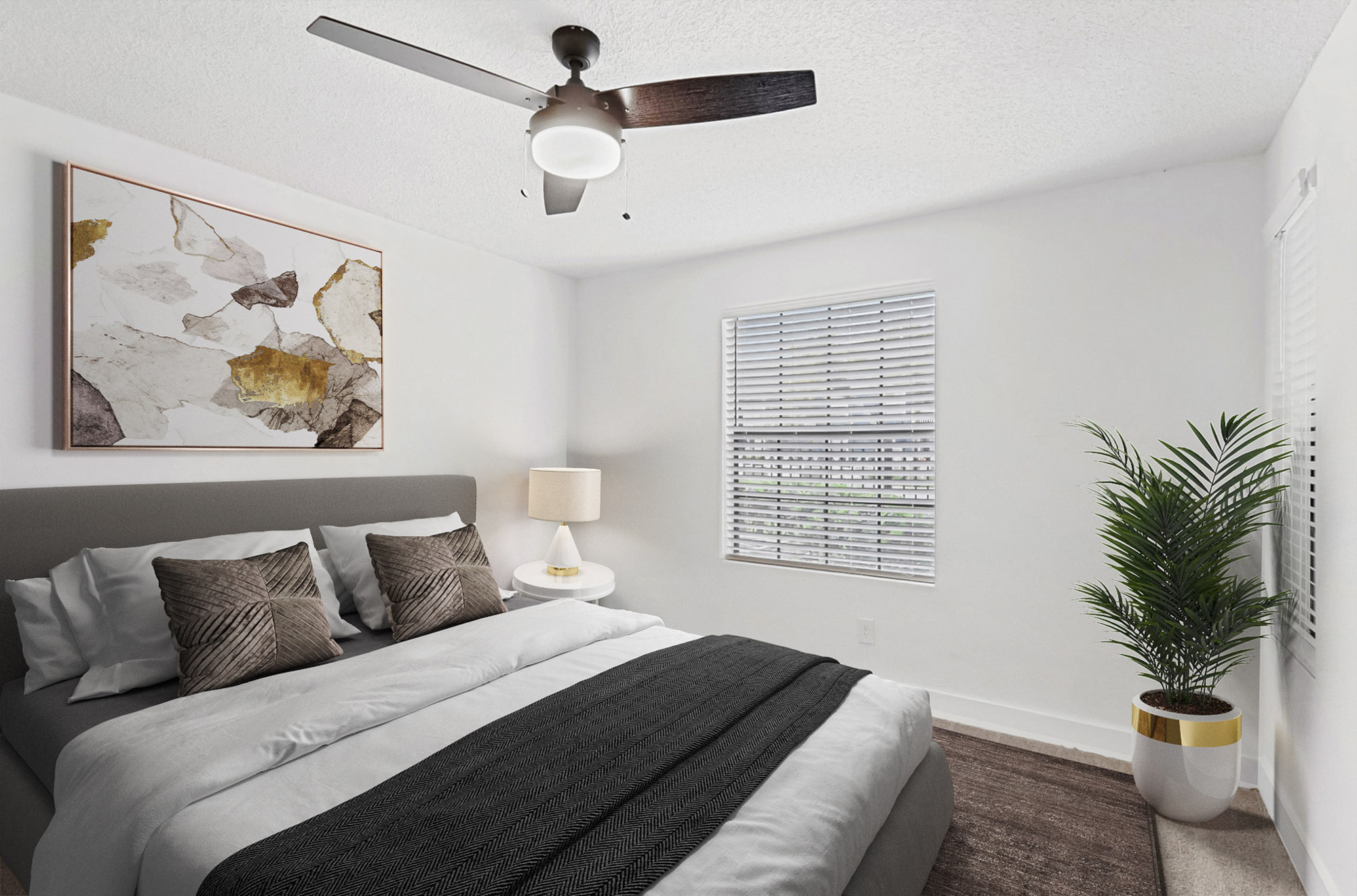 The bedroom in an apartment in St. James Crossing in North Tampa, Florida.