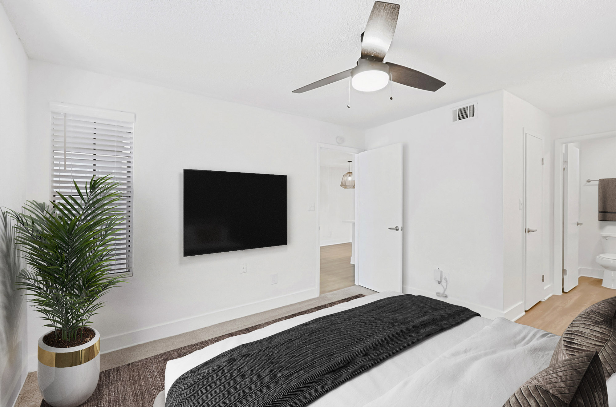 The bedroom in an apartment in St. James Crossing in North Tampa, Florida.