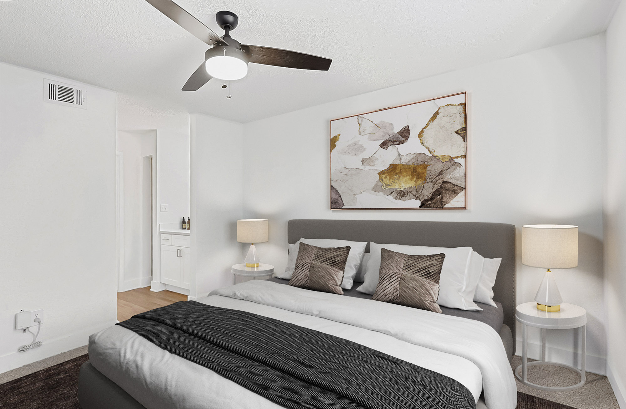 The bedroom in an apartment in St. James Crossing in North Tampa, Florida.