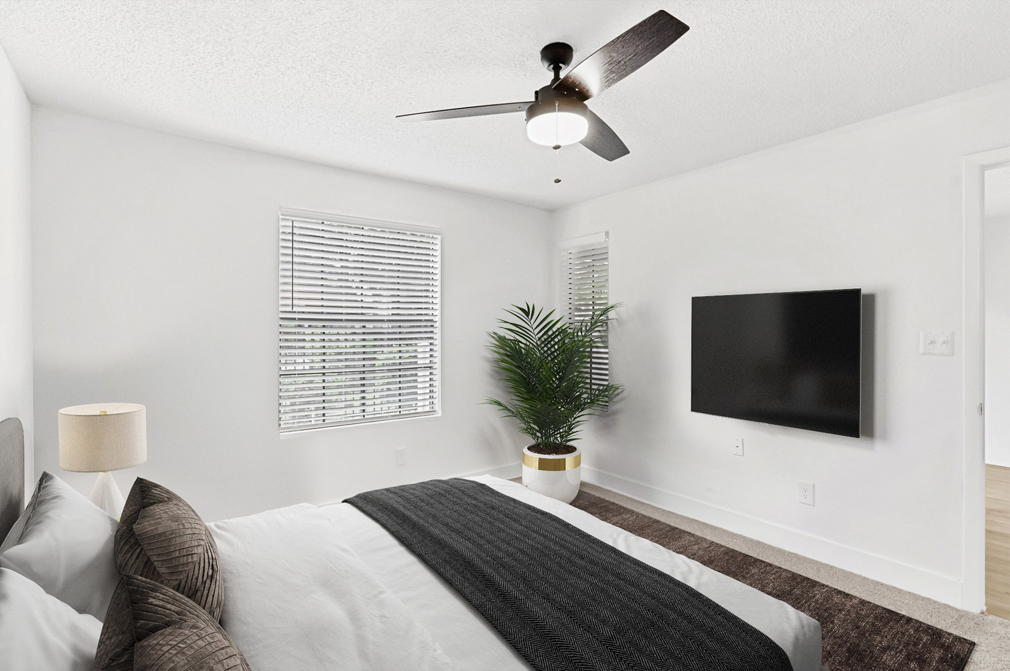 The bedroom in an apartment in St. James Crossing in North Tampa, Florida.