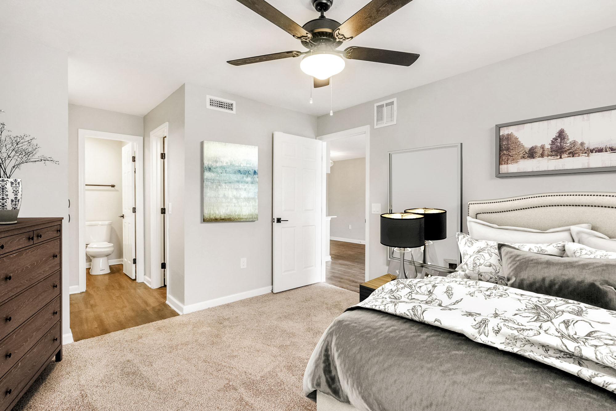 The bedroom in an apartment in St. James Crossing in North Tampa, Florida.