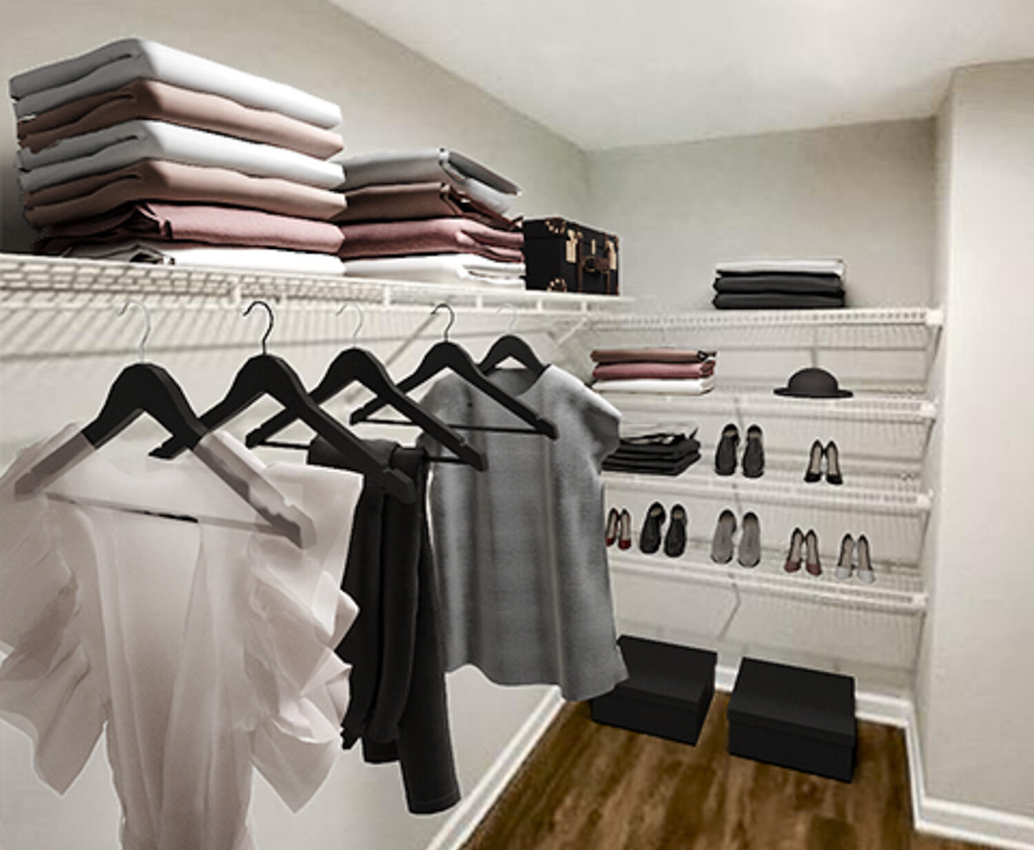 A walk-in closet in a St. James Crossing apartment in Carrollwood, FL