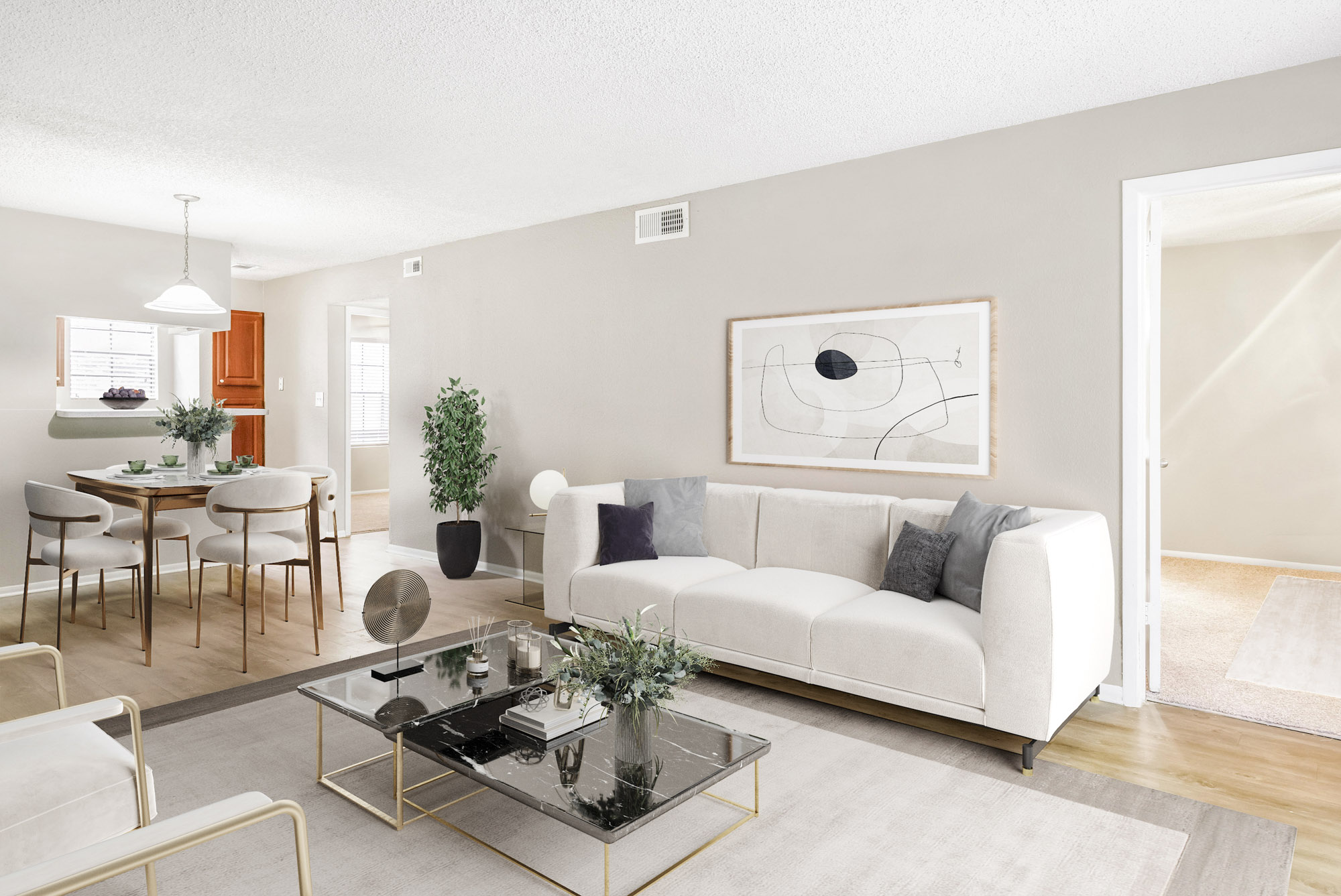 The living area in an apartment in St. James Crossing in North Tampa, Florida.