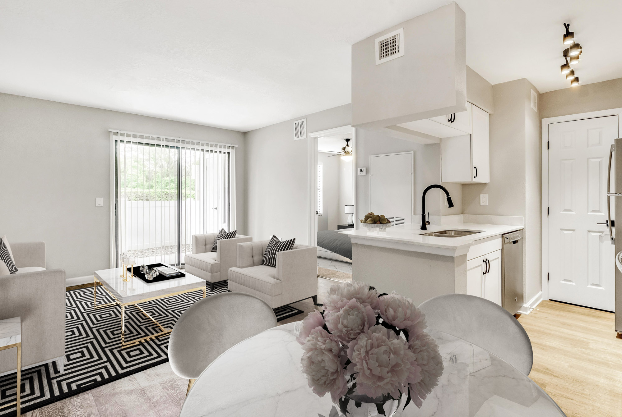 The living area in an apartment in St. James Crossing in North Tampa, Florida.