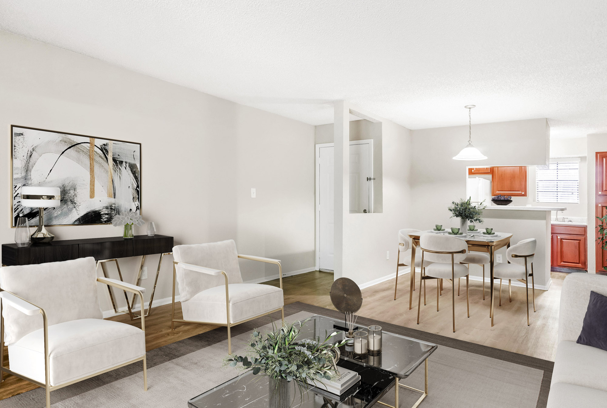 The living area in an apartment in St. James Crossing in North Tampa, Florida.