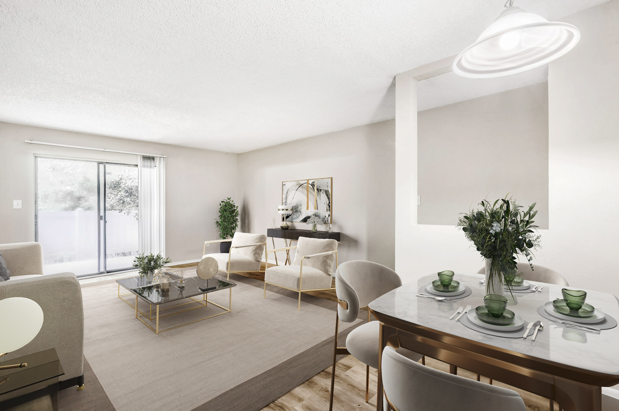 The living area in an apartment in St. James Crossing in North Tampa, Florida.
