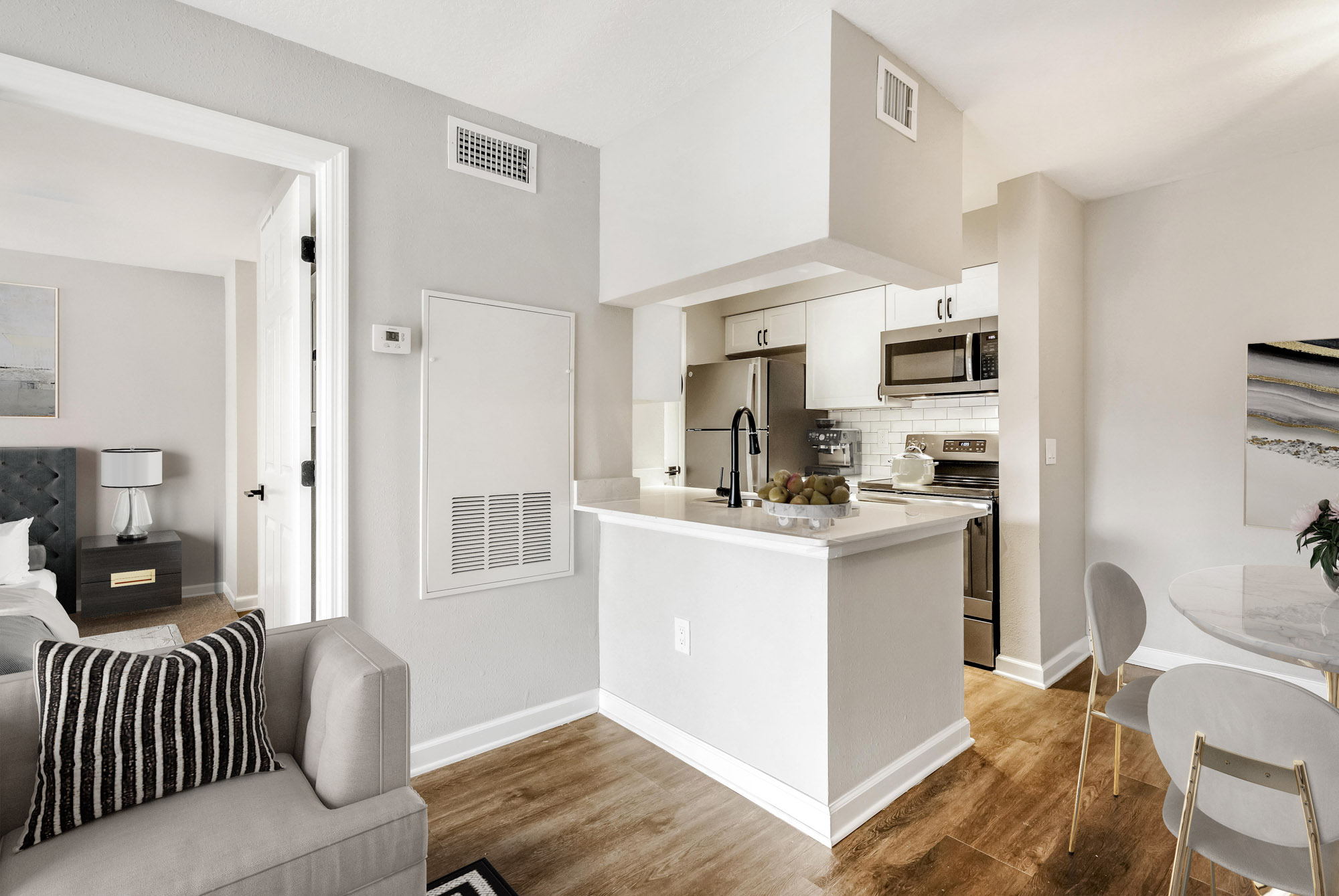 The living area in an apartment in St. James Crossing in North Tampa, Florida.