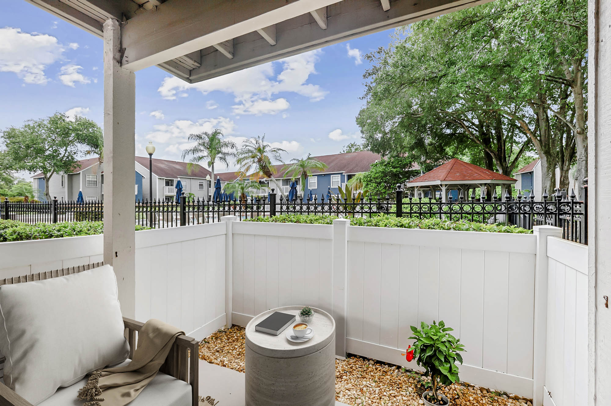 The patio in an apartment in St. James Crossing in North Tampa, Florida.