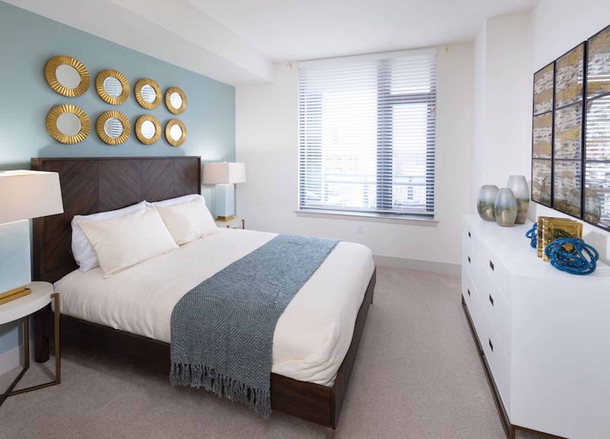 The bedroom in a Thayer and Spring apartment in downtown Silver Spring.