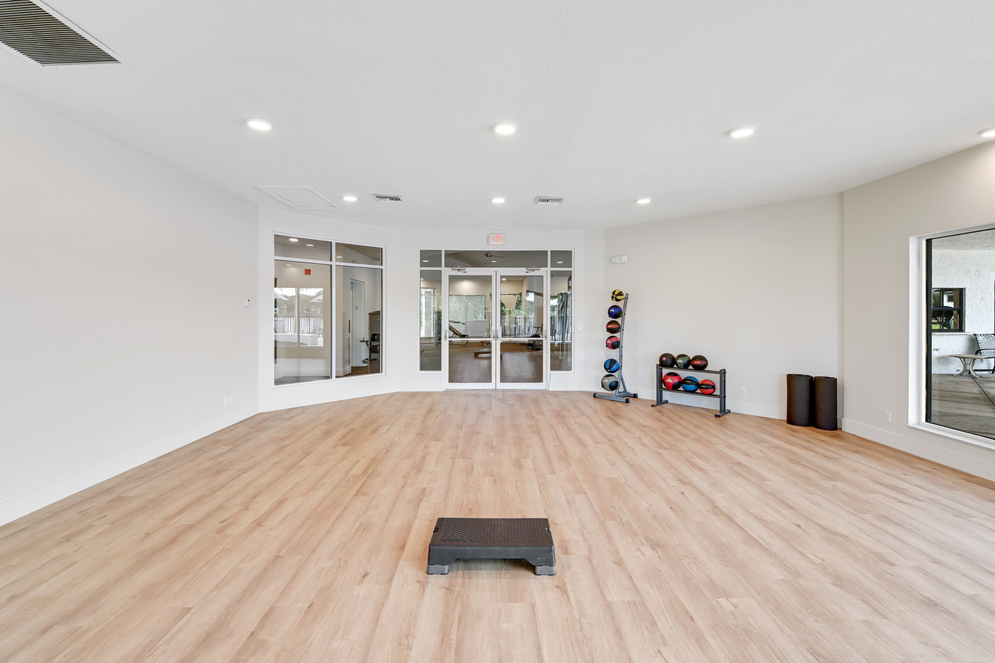 The interior of the fitness center studio at The Reserve at Ashley Lake.