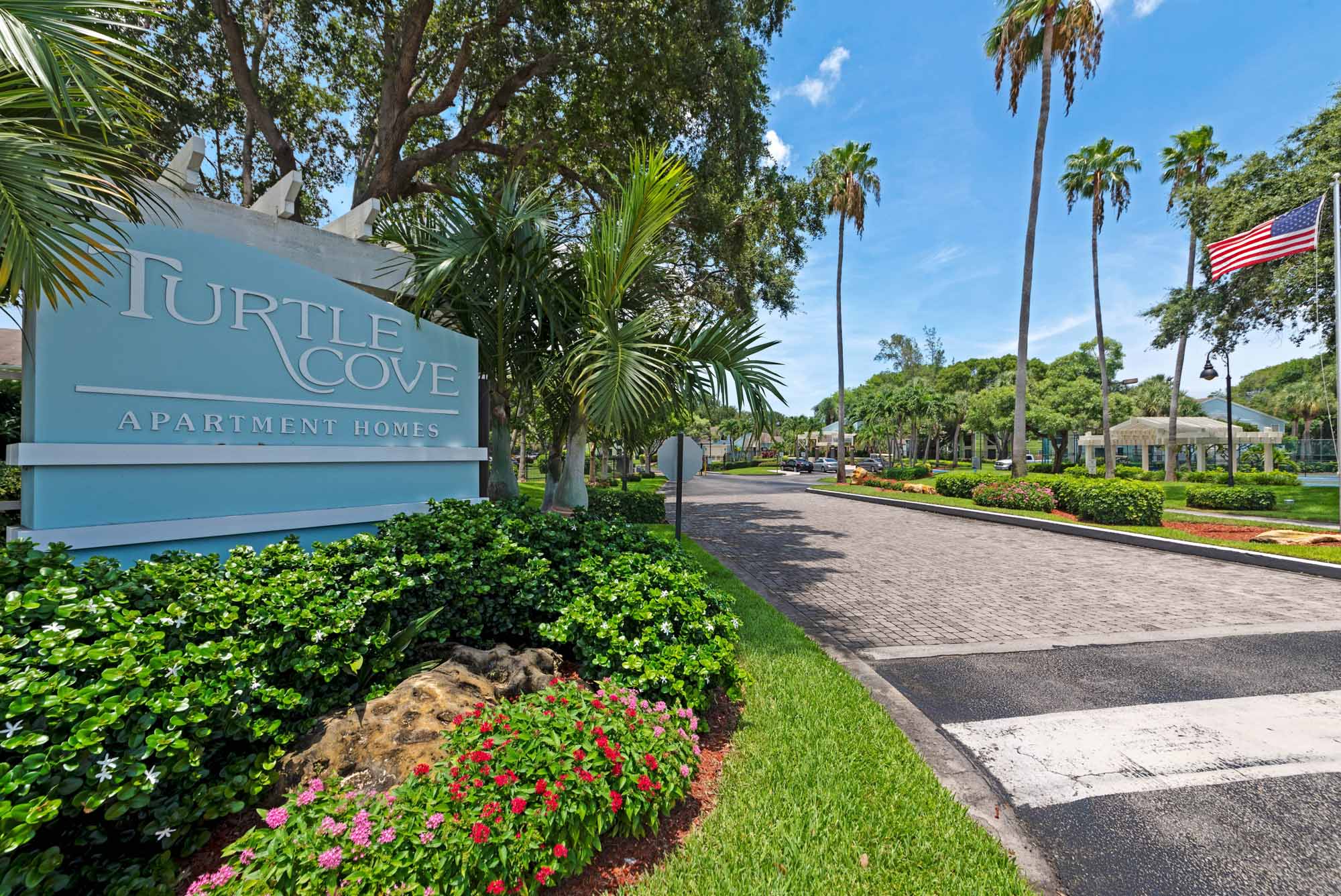 A sign at the entrance of the Turtle Cove, that reads 'Turtle Cove - Apartment Homes'