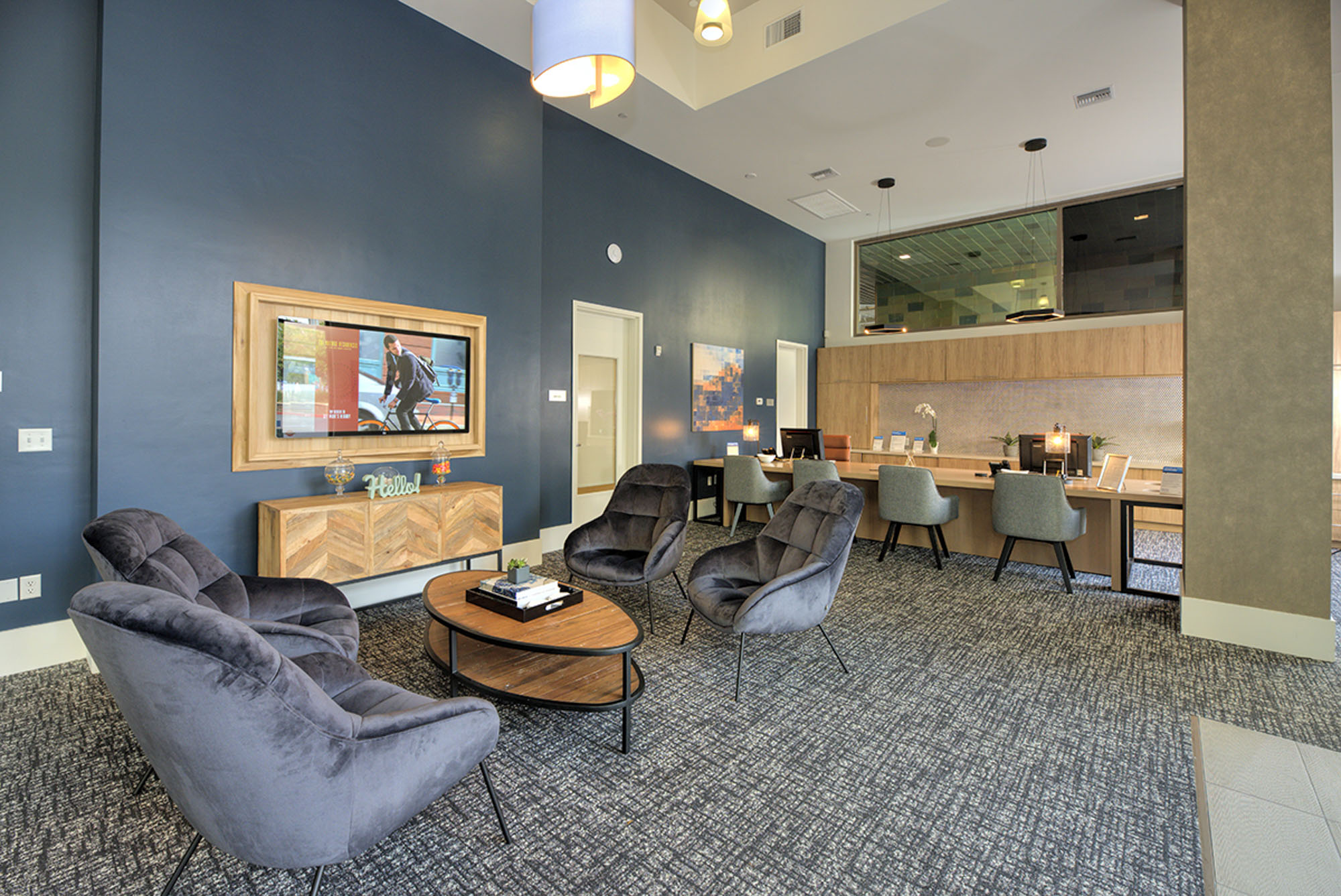 A seating area in at the leasing office of The Village Residences new apartments in Mountain View, CA