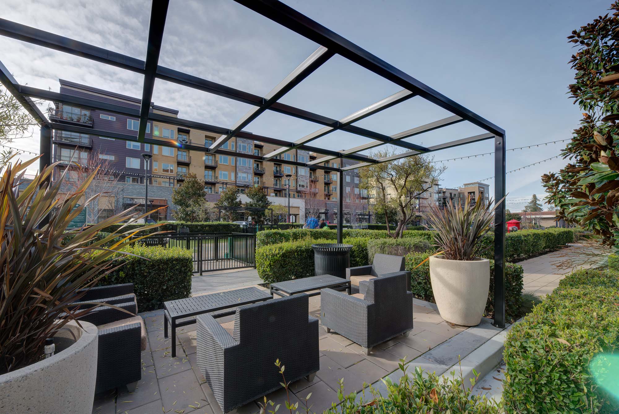 An outdoor courtyard featuring a lounging space and greenery divided by low trimmed hedges at The Village Residences new apartments in Mountain View CA