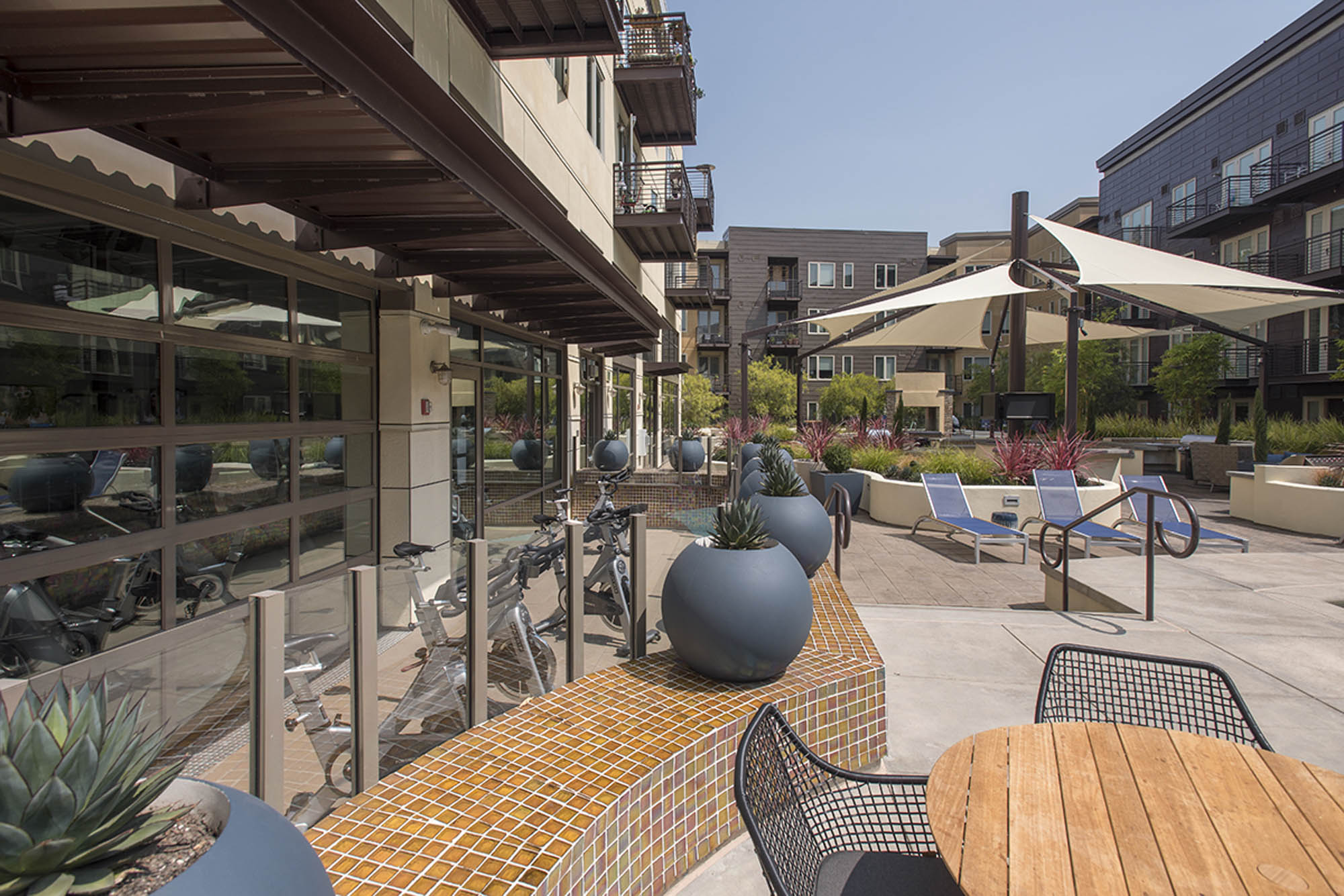 The central courtyard lounging chairs and umbrellas next to the gyms outdoor stationary bikes at The Village Residences apartments in Mountain View