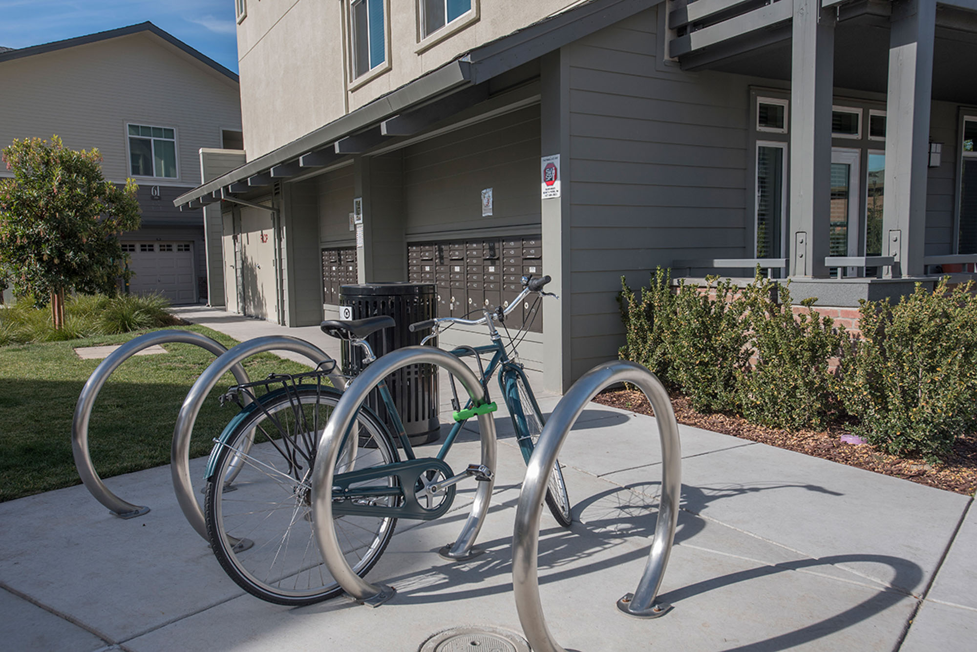 A bike rack outside by the mail lockers at the Vintage apartments in Pleasanton, CA