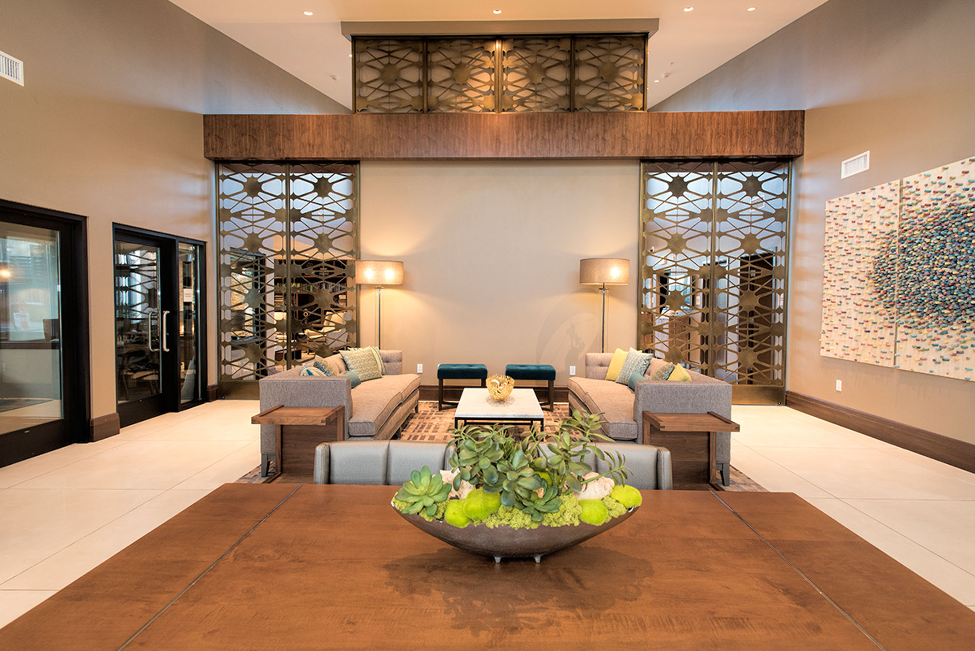 A modern clubhouse lounge at the Vintage apartments in Pleasanton, CA