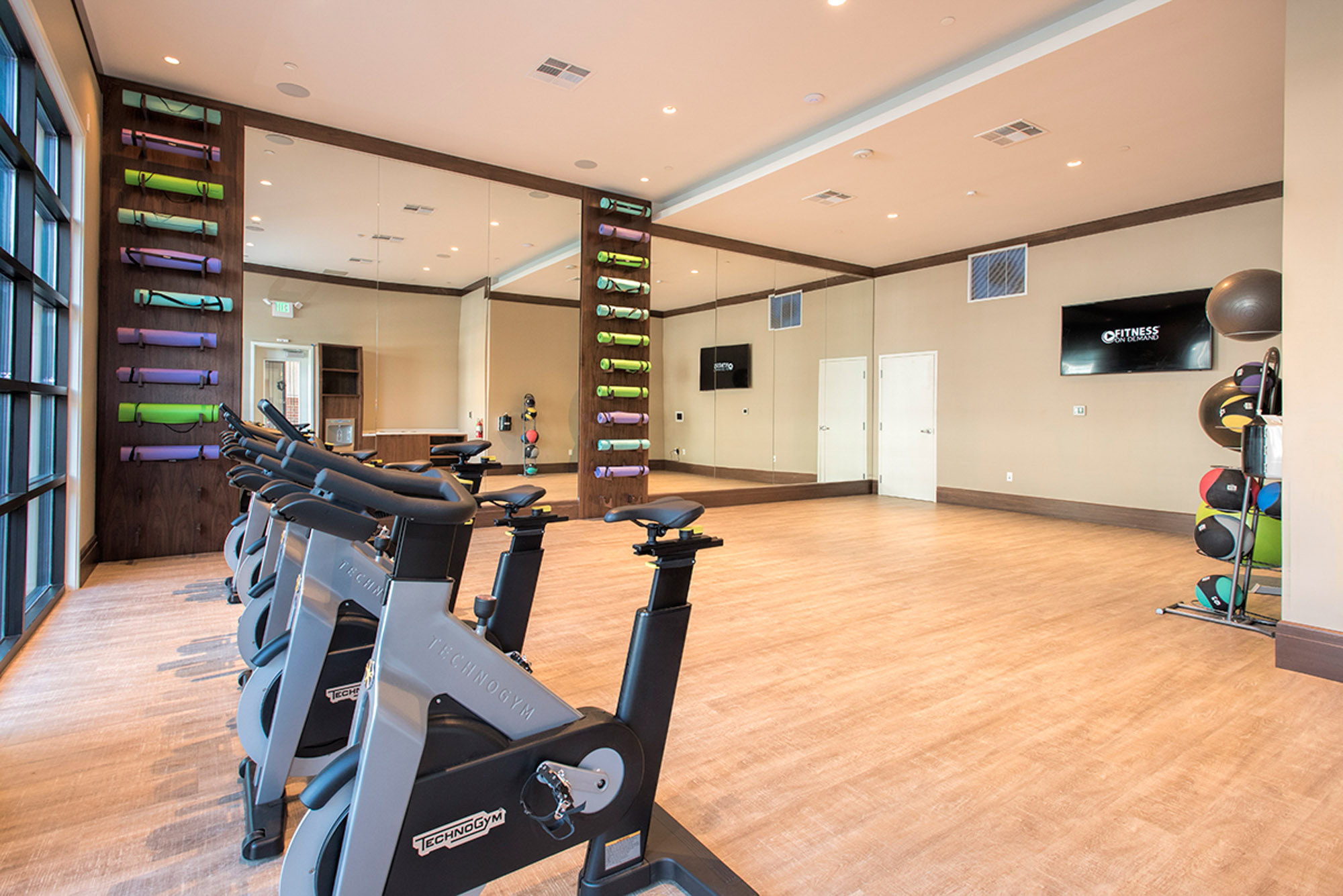 A spin and yoga studio with mirrors, fitness rollers and balls at the Vintage in Pleasanton, CA
