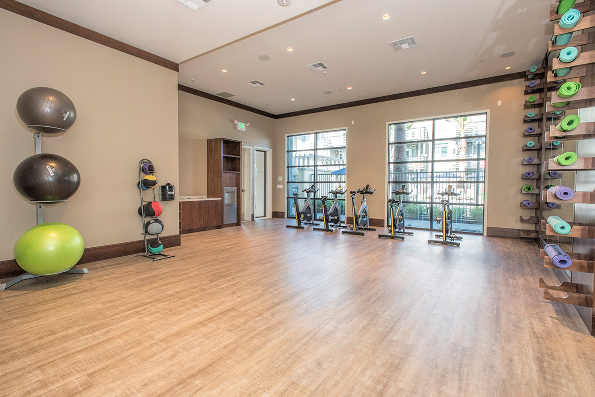 A spin and yoga studio with mirrors, fitness rollers and balls at the Vintage in Pleasanton, CA
