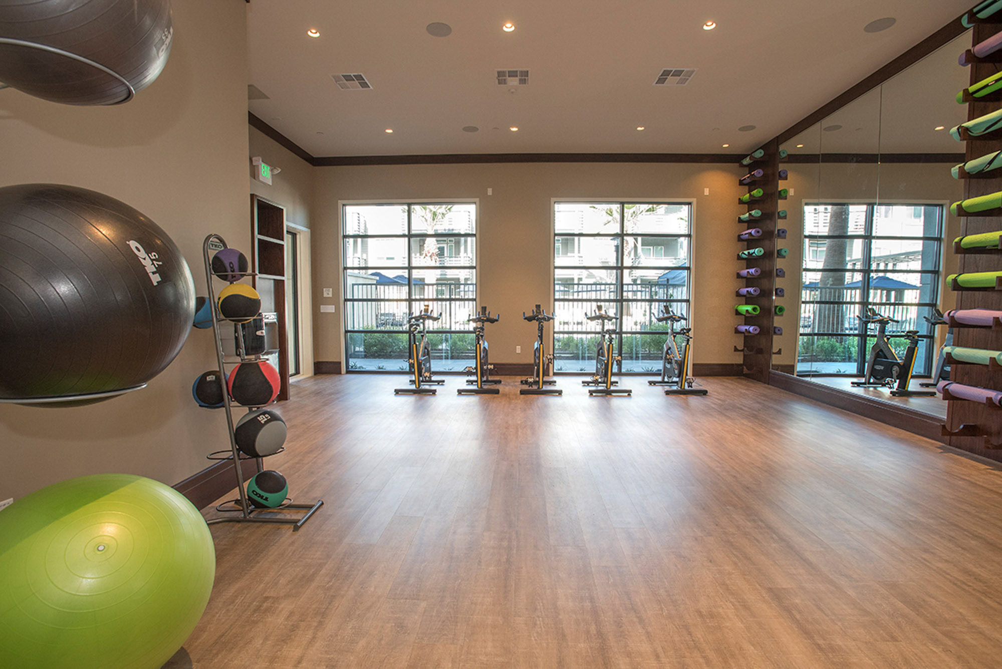 A spin and yoga studio with mirrors, fitness rollers and balls at the Vintage in Pleasanton, CA