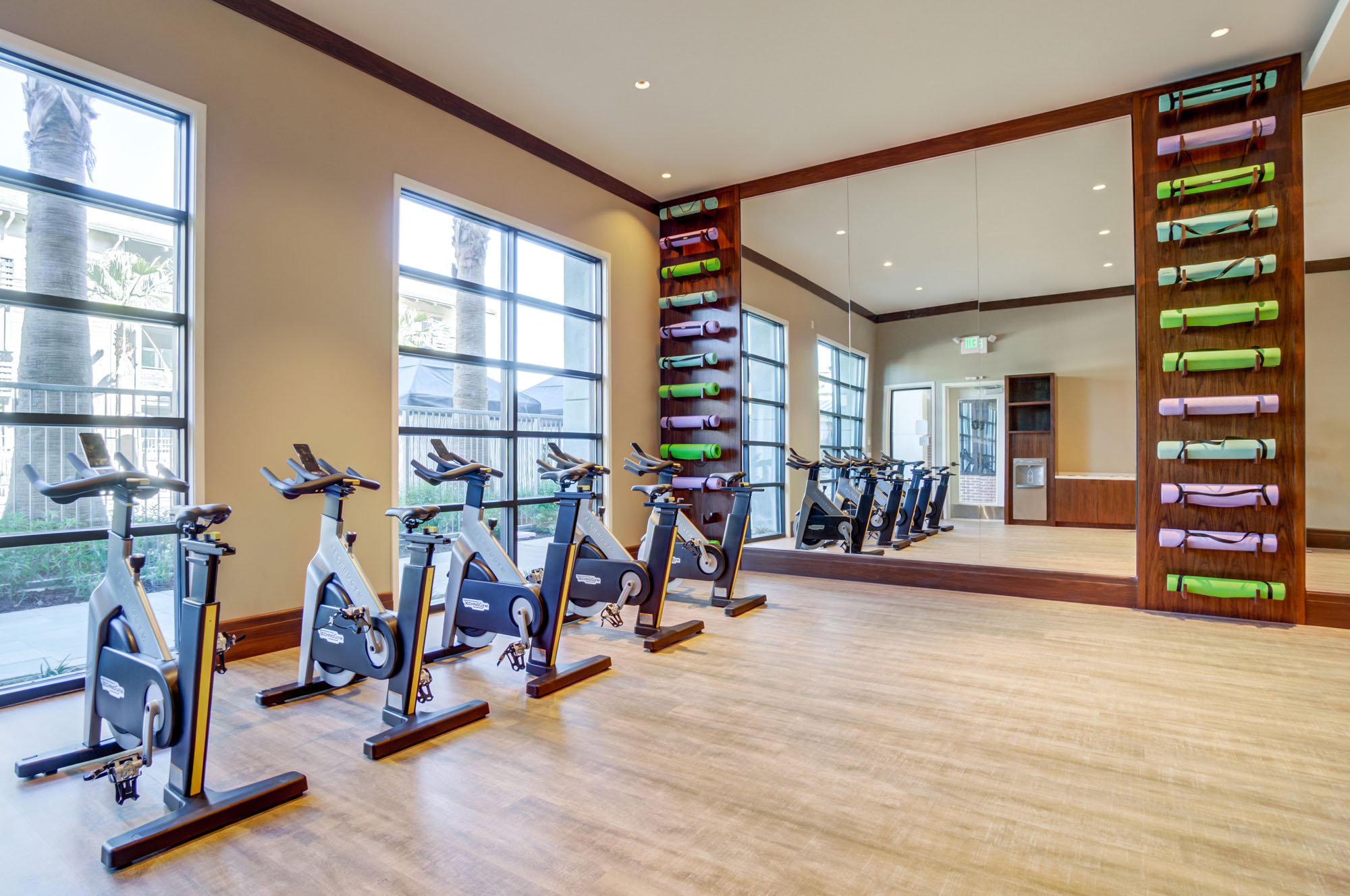 A spin and yoga studio with mirrors, fitness rollers and balls at the Vintage in Pleasanton, CA