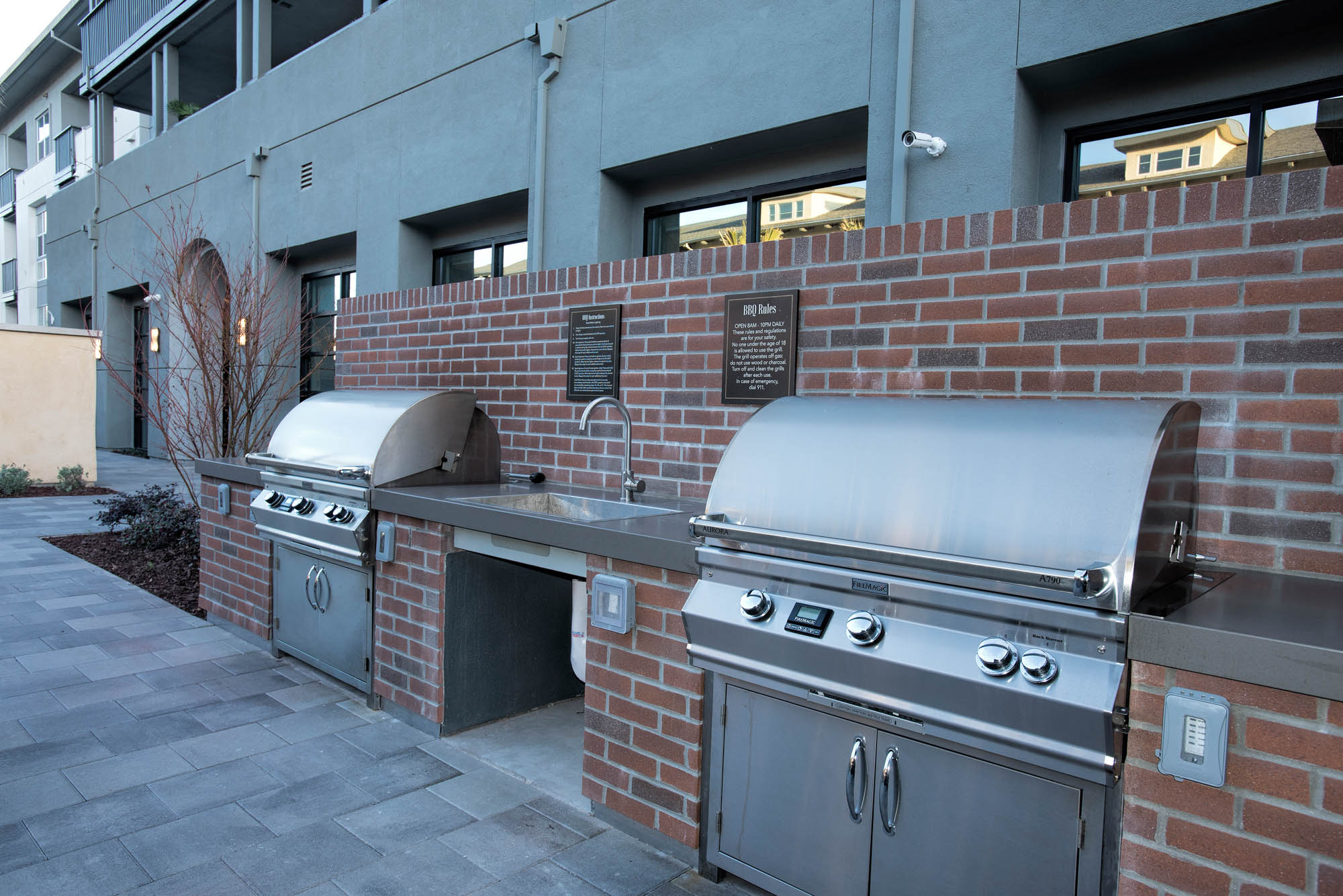 An outdoor grilling station, at the Vintage apartments in Pleasanton, CA