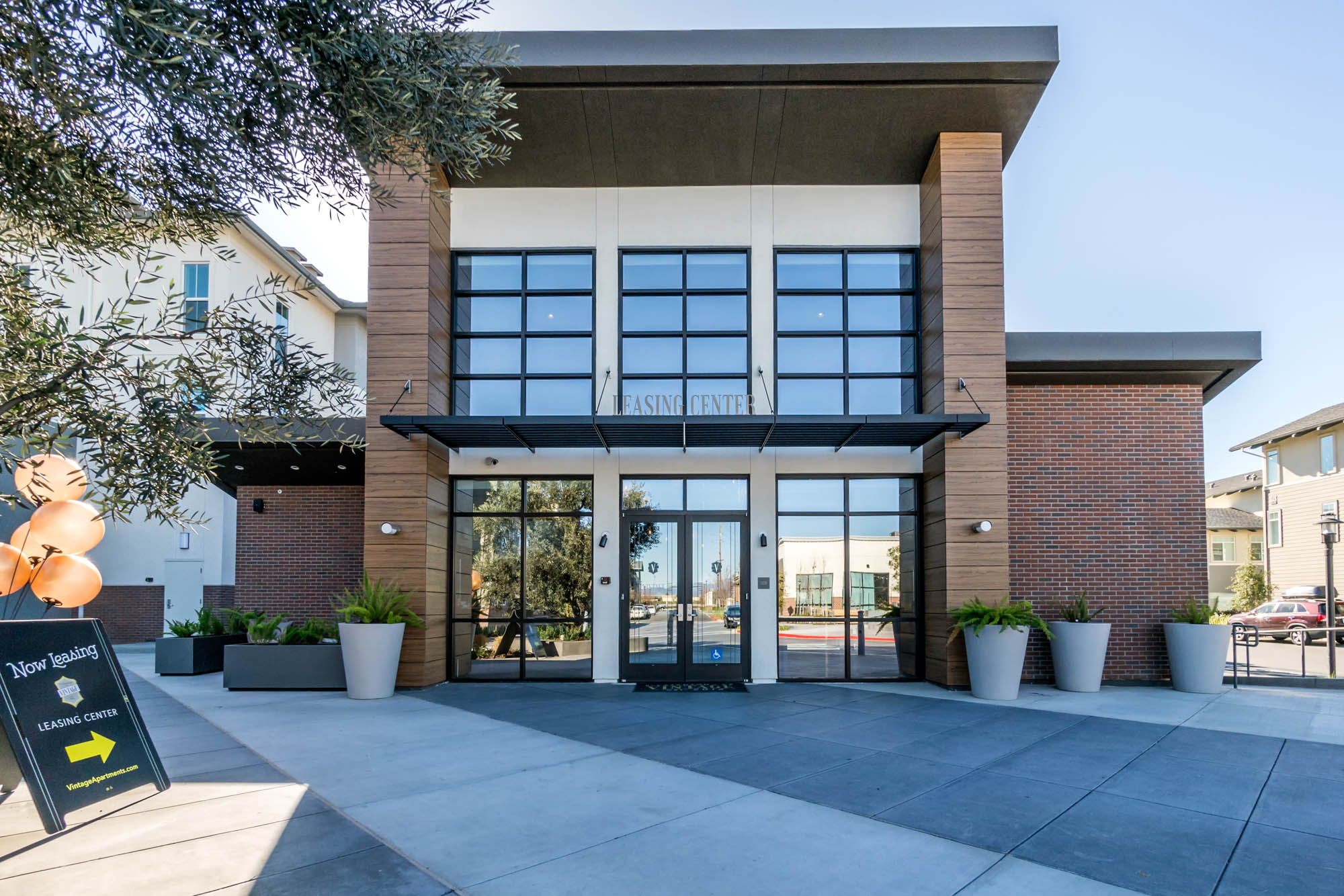 The exterior of the leasing center at the Vintage apartments in Pleasanton, CA
