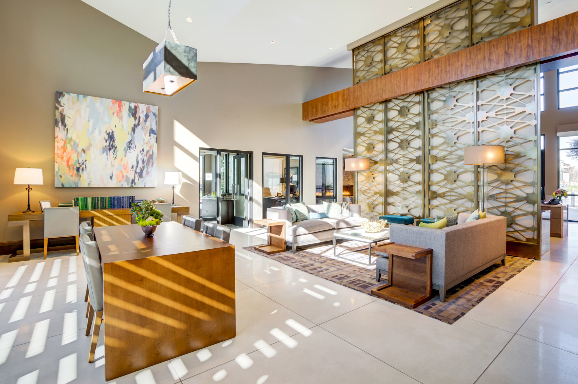 A lobby lounge, individual and coworking areas at the Vintage luxury apartments in Pleasanton, CA