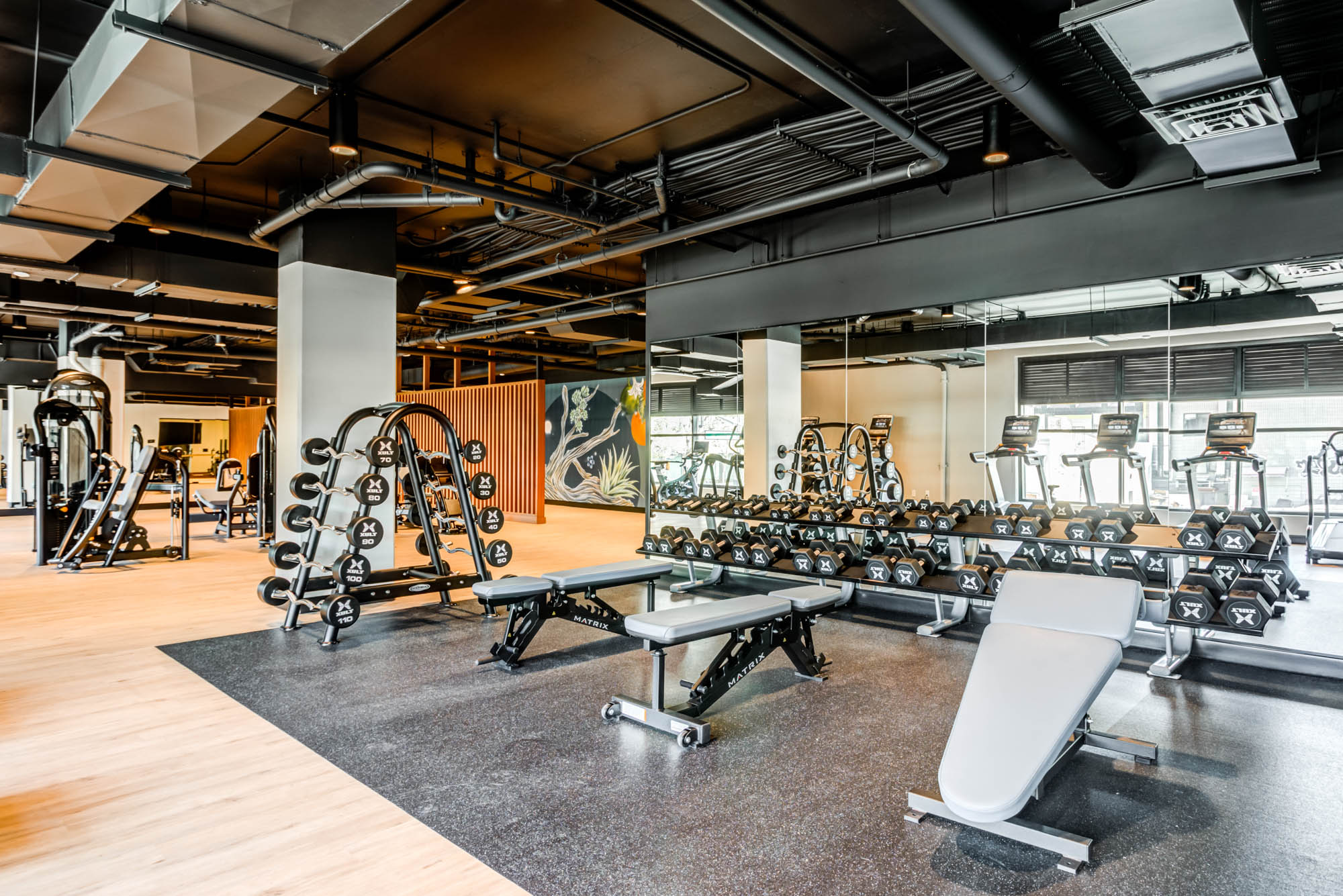 A fully equipped fitness studio at the Webster Eleven apartments in downtown Oakland
