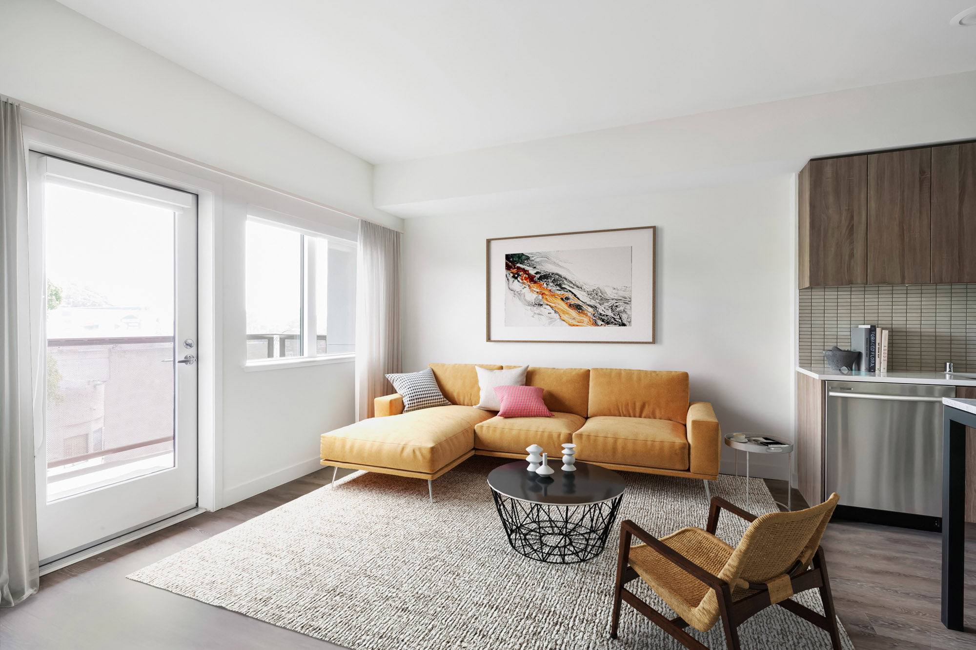 An open plan living area at the Webster Eleven apartments in downtown Oakland