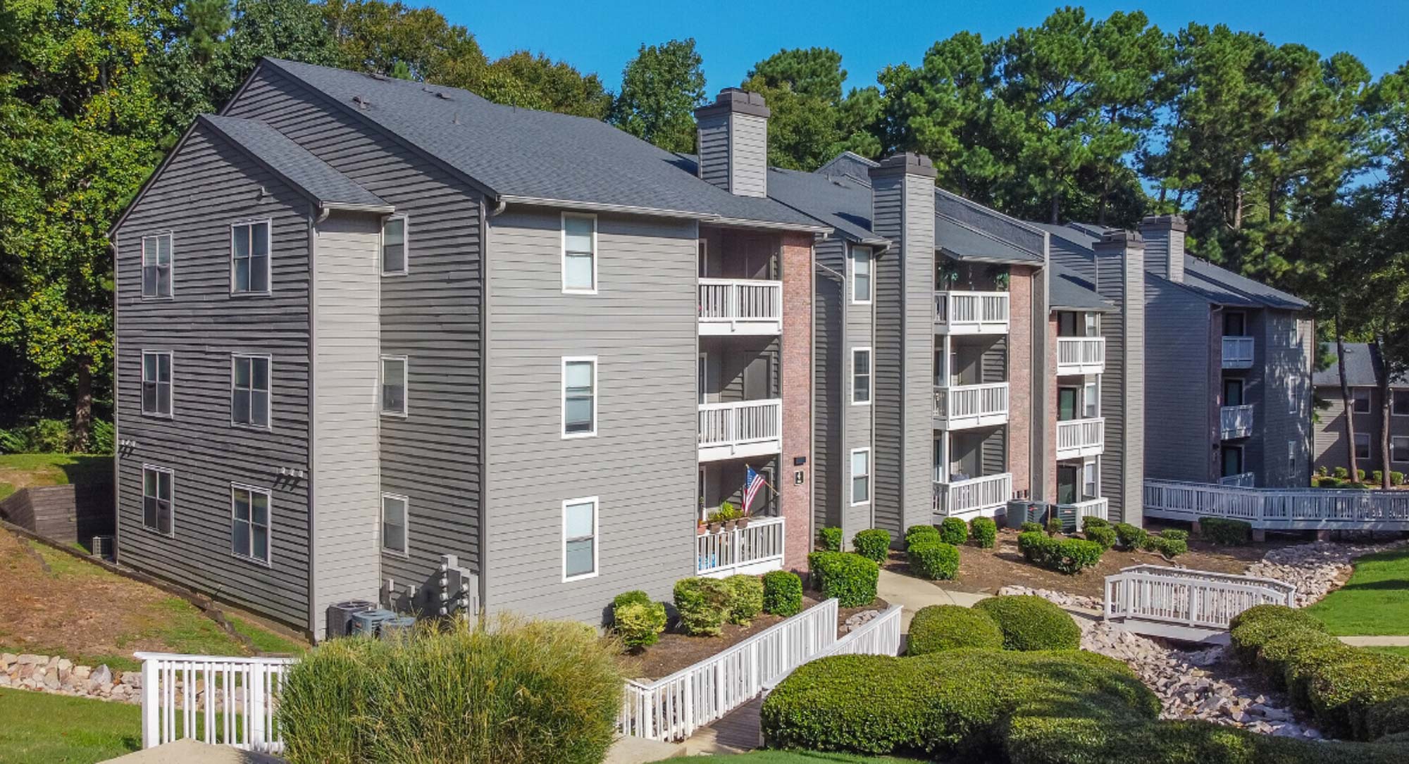 Apartment exteriors at Millbrook apartments in Raleigh, NC.