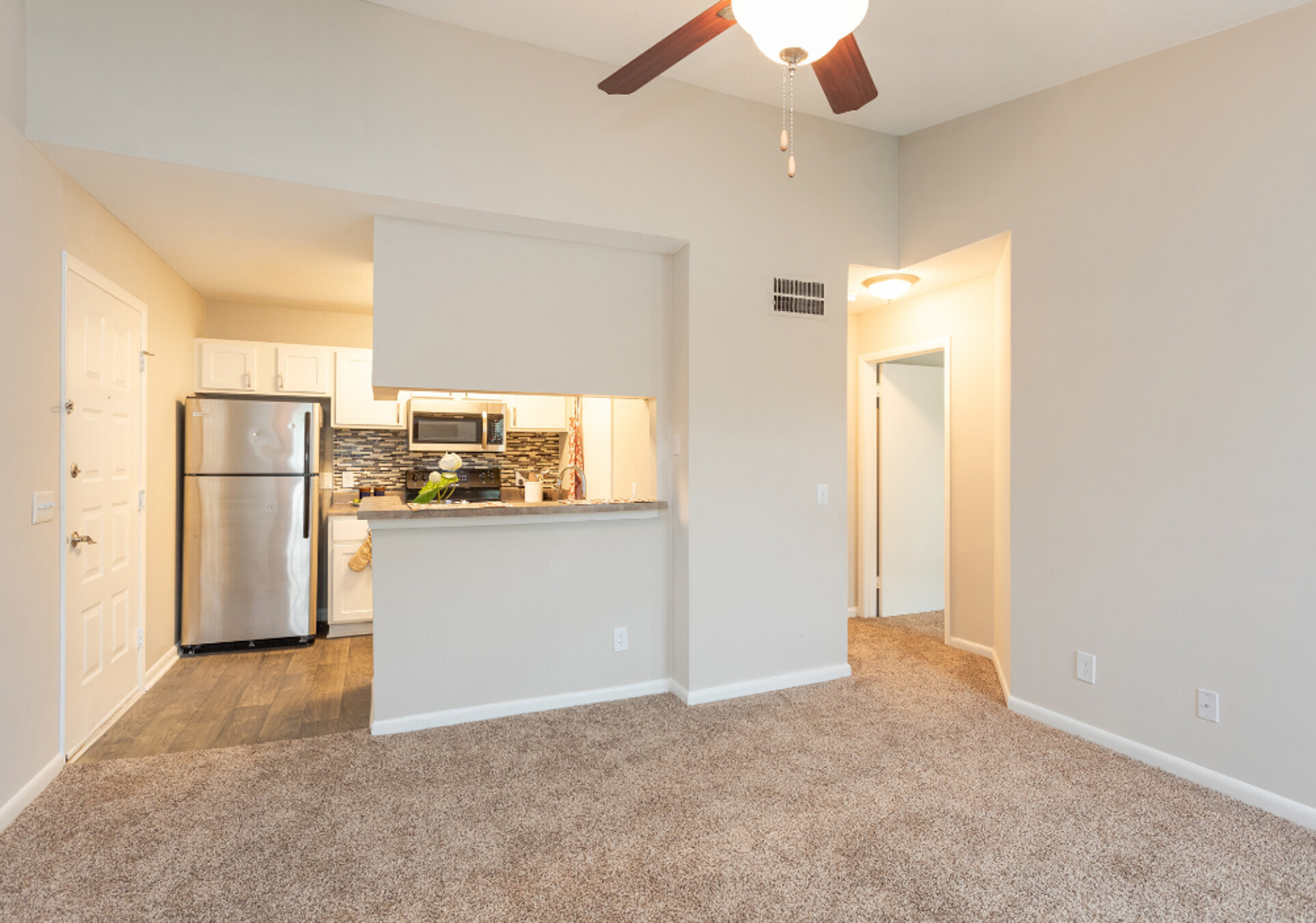 An apartment living room at Lynn Lake apartments in Raleigh, NC.