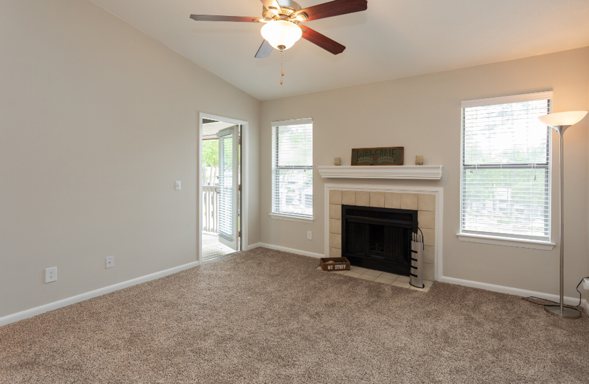 An apartment living room at Lynn Lake apartments in Raleigh, NC.