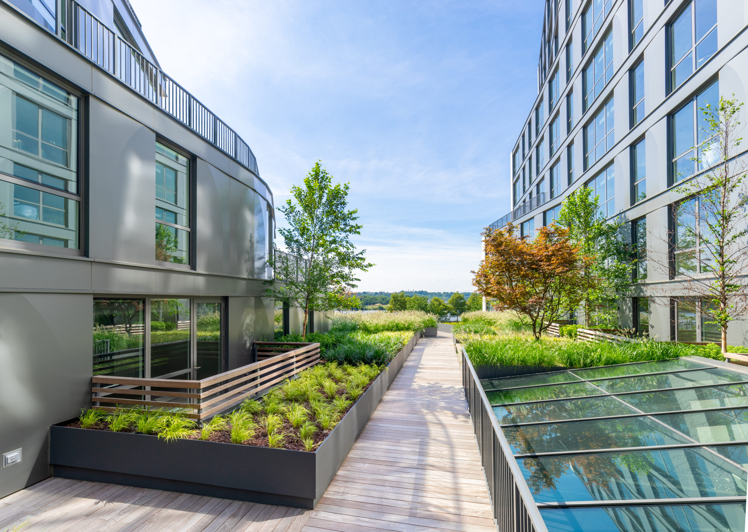 Walkway between buildings with landscaped planters and green space.