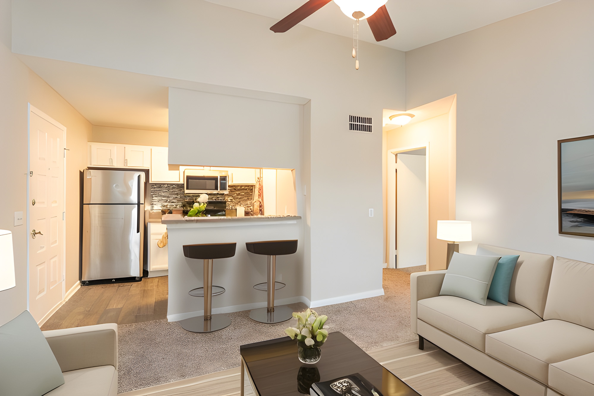 An apartment living room at Lynn Lake apartments in Raleigh, NC.