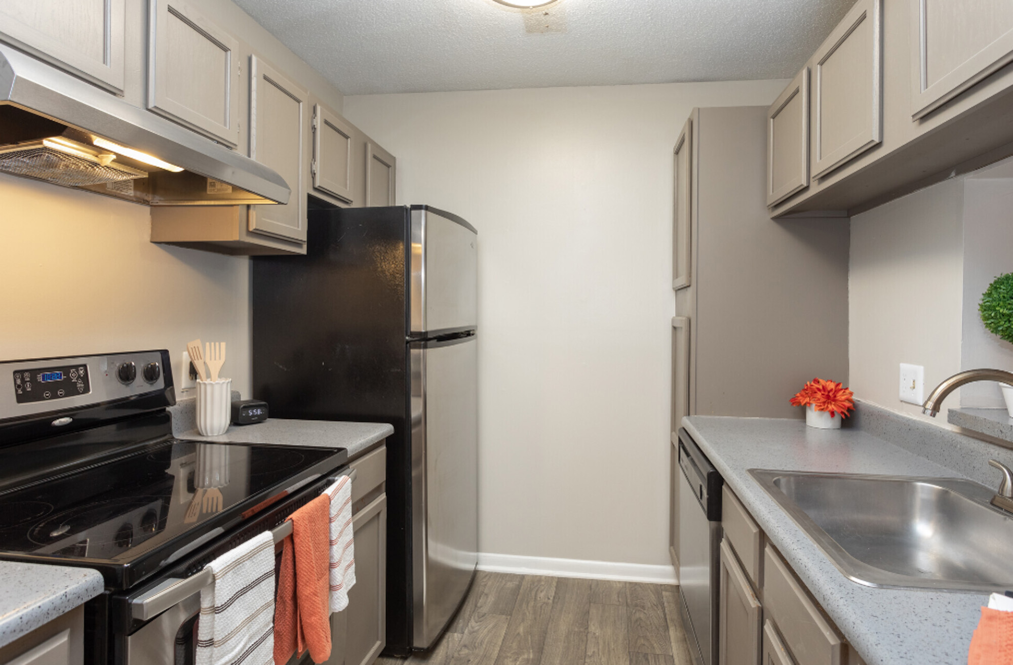 An apartment kitchen at Millbrook apartments in Raleigh, NC.