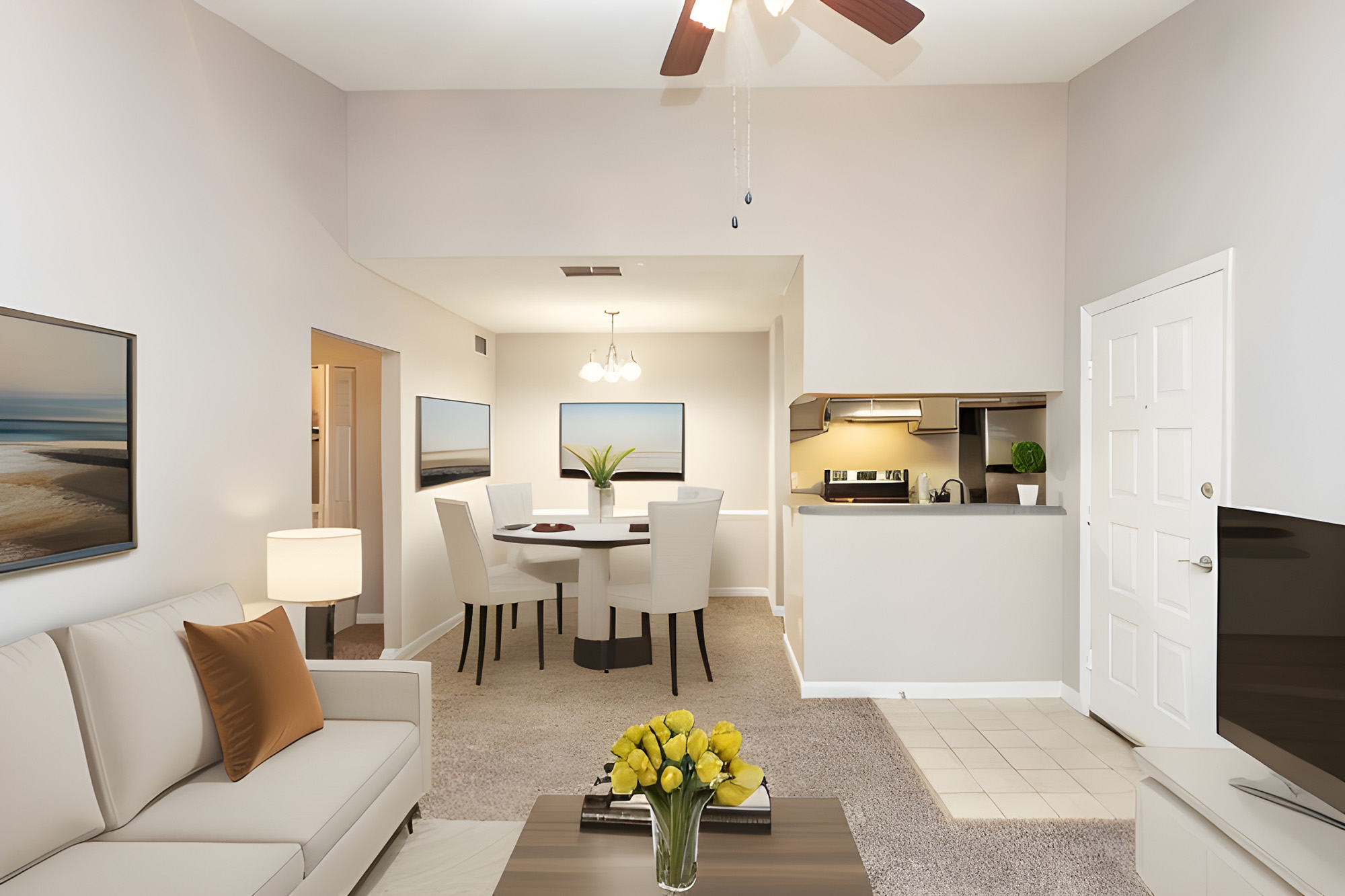 An apartment living room at Millbrook apartments in Raleigh, NC.