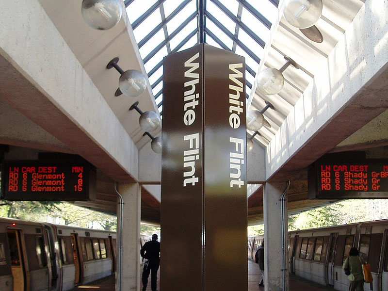 White Flint Metro station with train wait times, and view of Metro station platform.