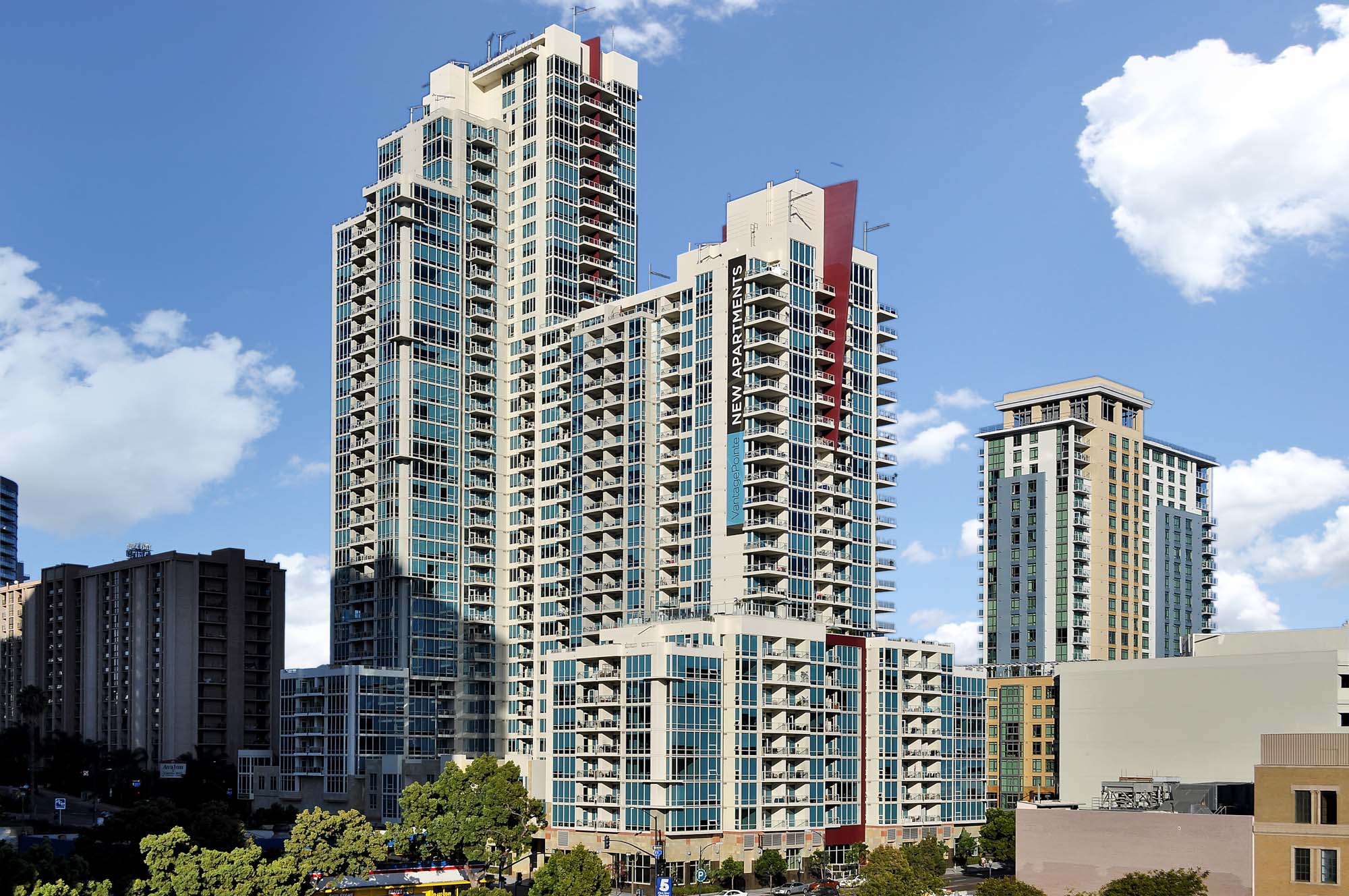 Daytime city view of Vantage Pointe apartments in San Diego, CA