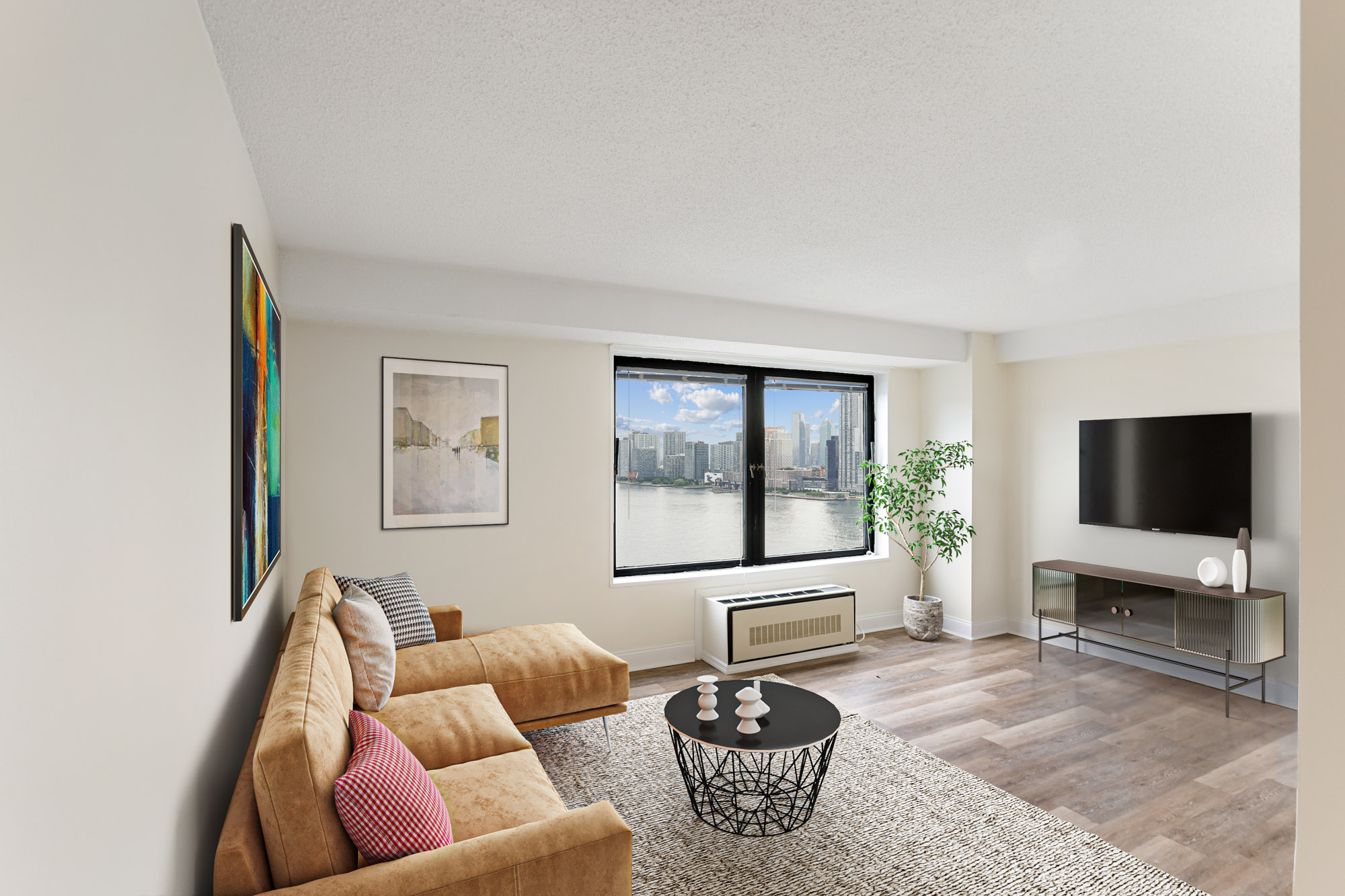 Open concept living room at Waterside Plaza.