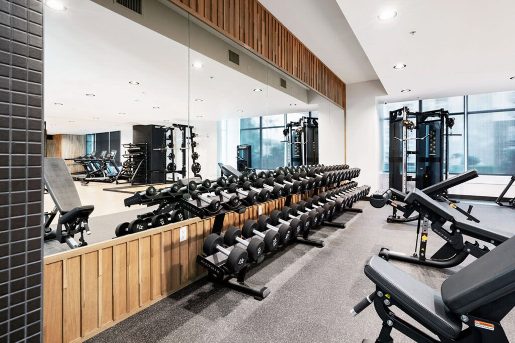 Weight room at Vantage Pointe apartments in San Diego, CA