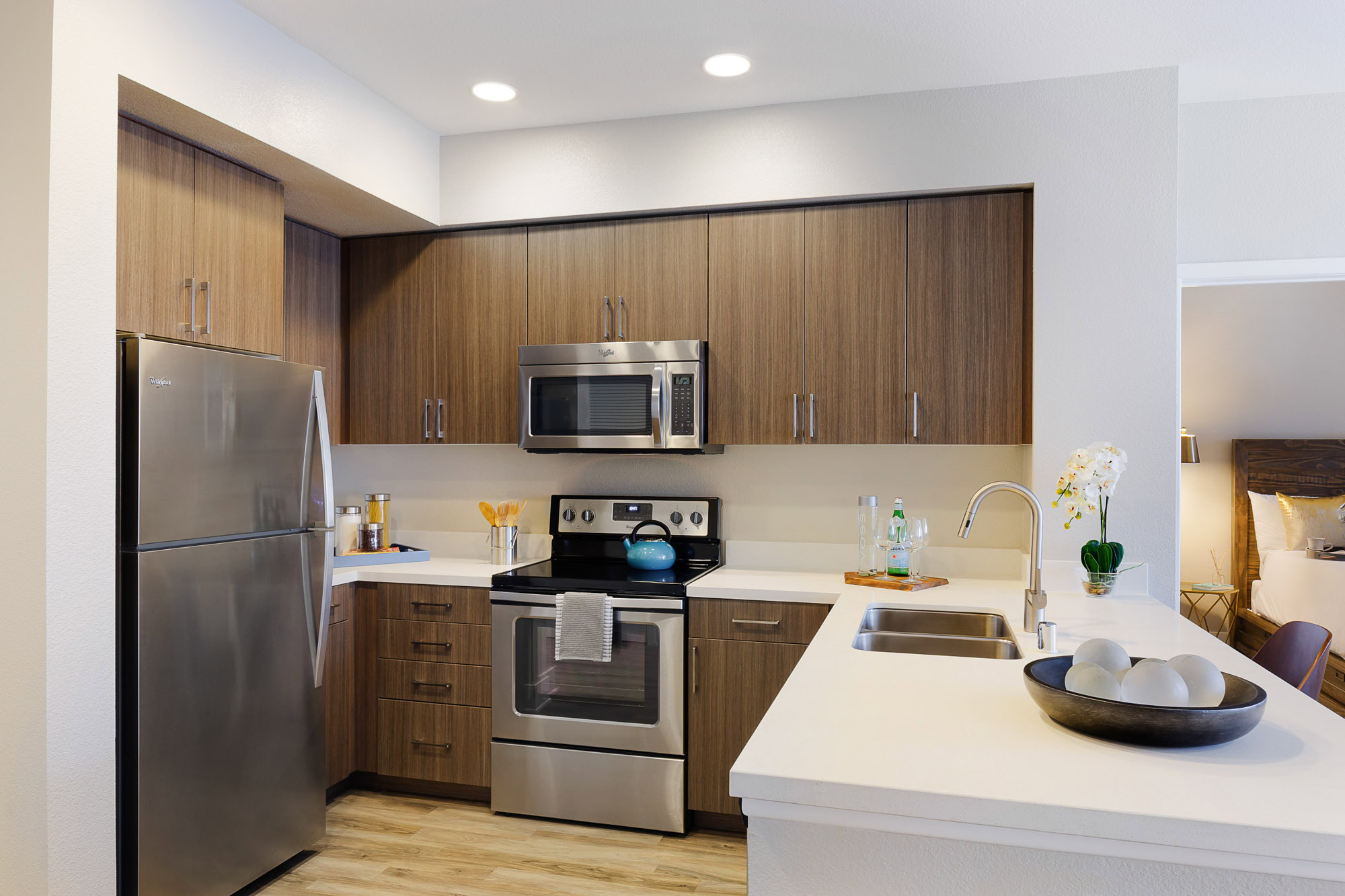 A modern kitchen in an Adler luxury apartment in Northridge, CA