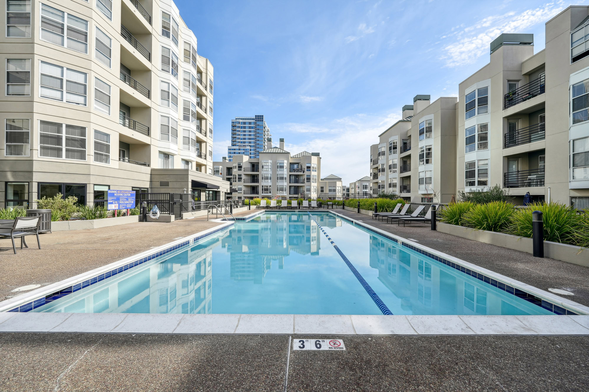 A long pool with two lanes, and lounging chairs surrounded by Bayside Village modern apartments in San Francisco