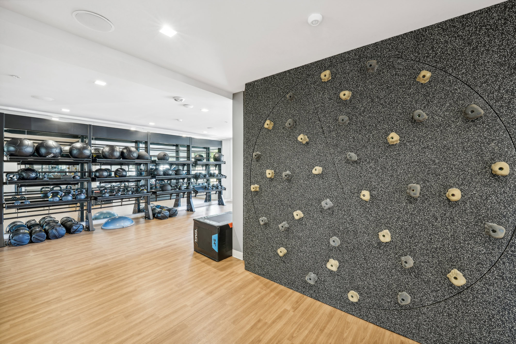 A fitness center equipped with a rock climbing wall and other workout equipment at Bayside Village apartments in San Francisco